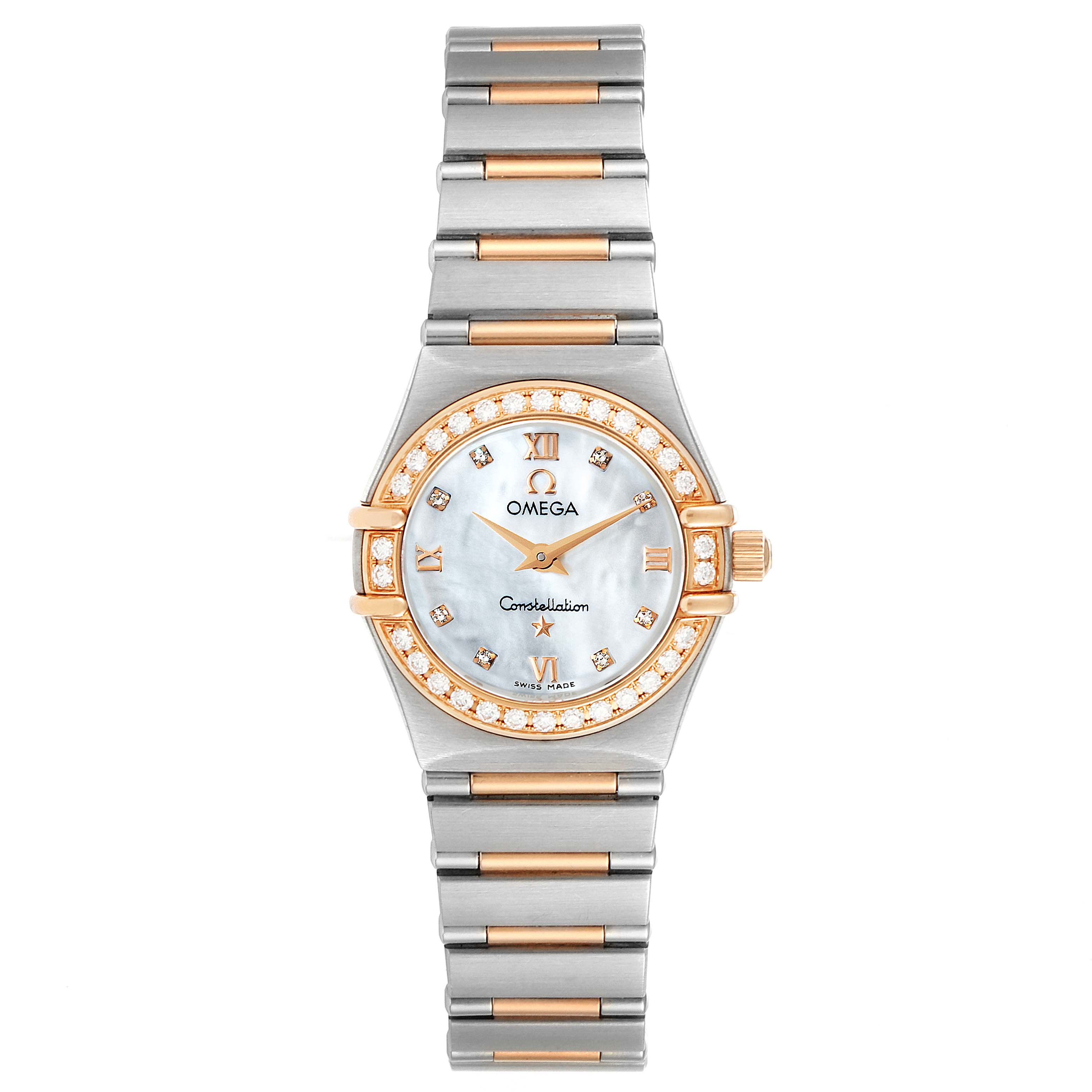 The image shows a front view of the Omega 1360.76.00 Women's Steel and Gold (two tone) Mother of Pearl Dial 1360.76.00 Women's Steel and Gold (two tone) Mother of Pearl Dial Constellation Mini Steel Rose Gold Diamond Watch 1360.76.00, highlighting its face and bracelet.