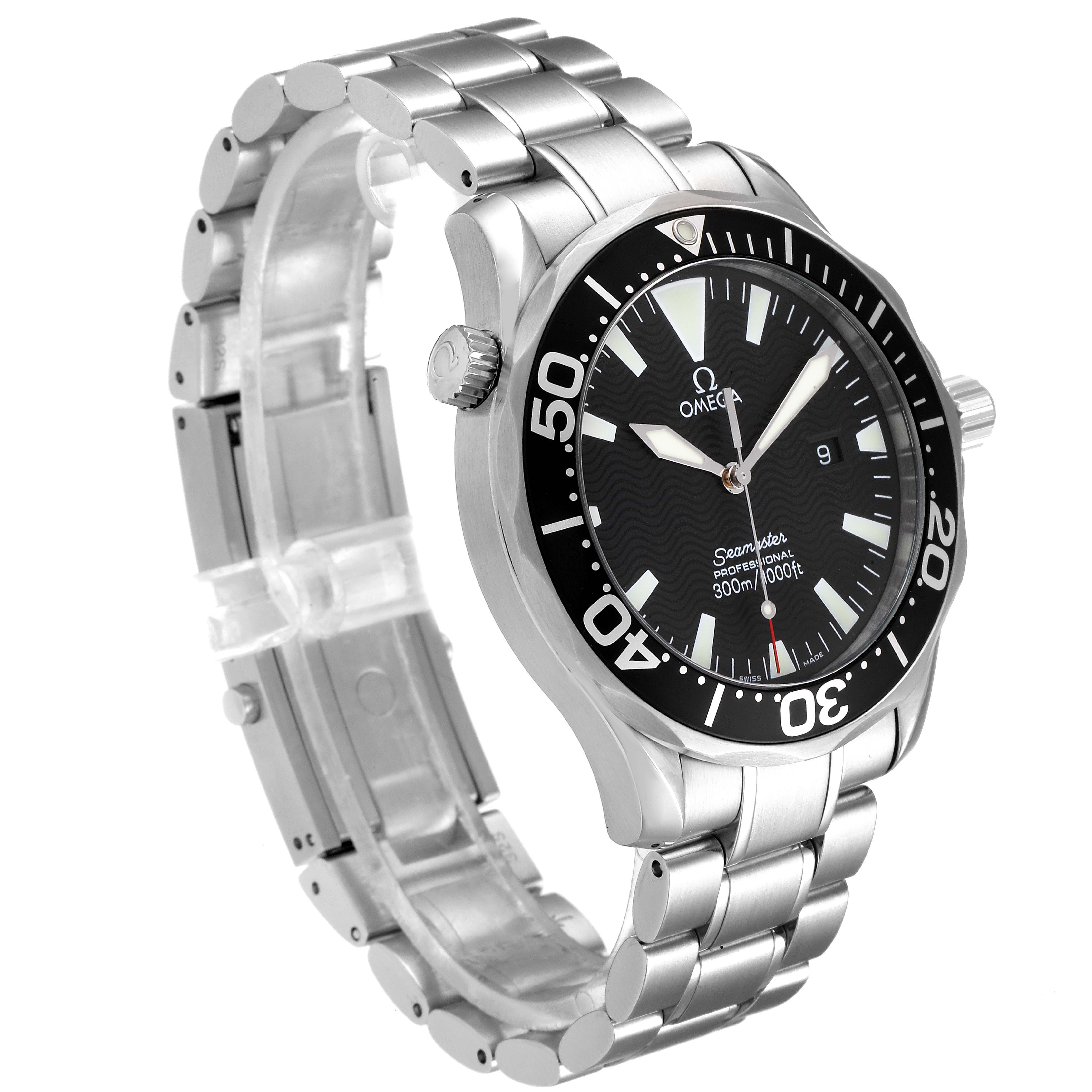This image shows an Omega Seamaster 2264.50.00 Men
s Stainless Steel Black Dial 2264.50.00 Men
s Stainless Steel Black Dial watch from a slight side angle, highlighting the dial, bezel, crown, and bracelet.