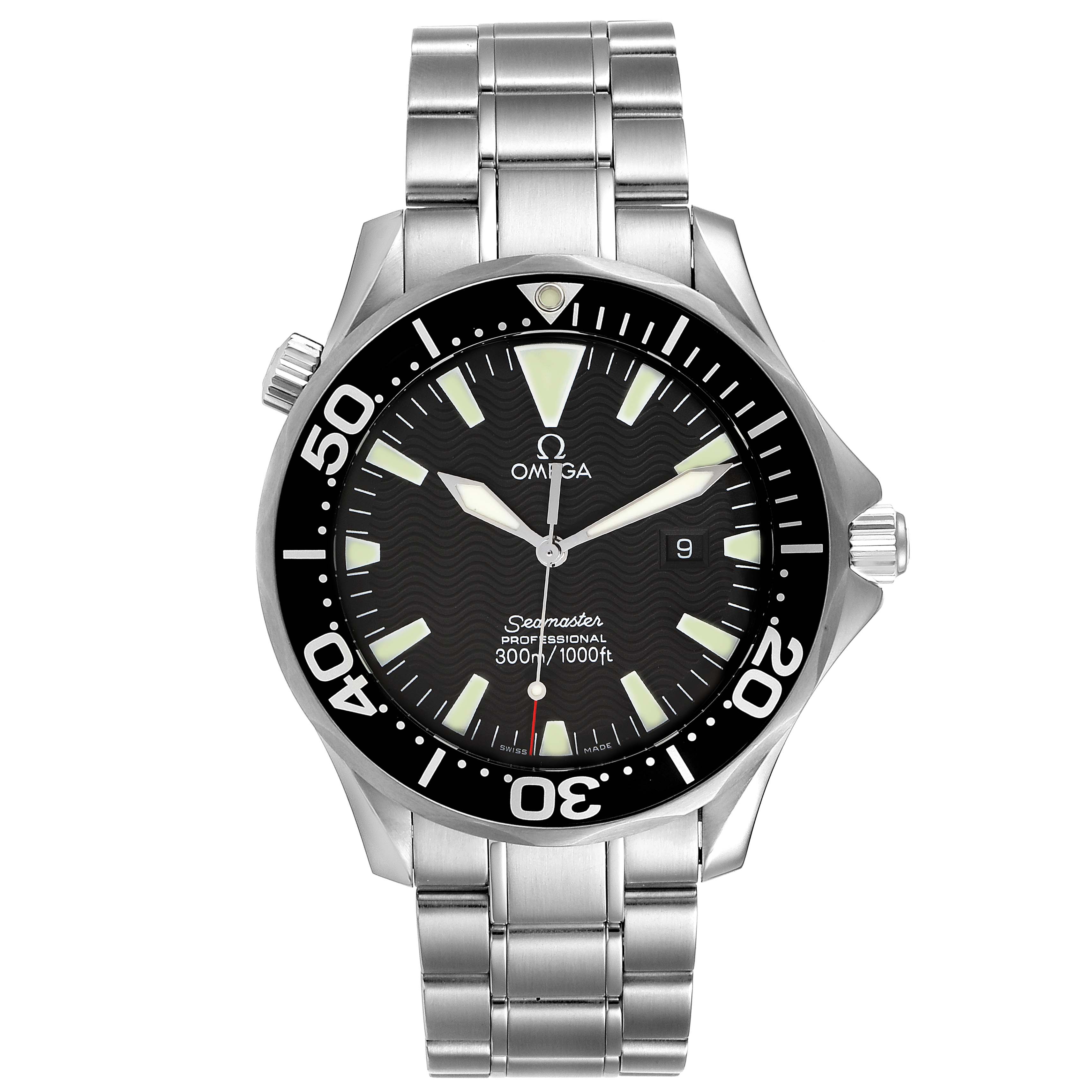 The image displays a front view of the Omega Seamaster 2264.50.00 Men
s Stainless Steel Black Dial 2264.50.00 Men
s Stainless Steel Black Dial watch, highlighting its dial, bezel, and metallic bracelet.