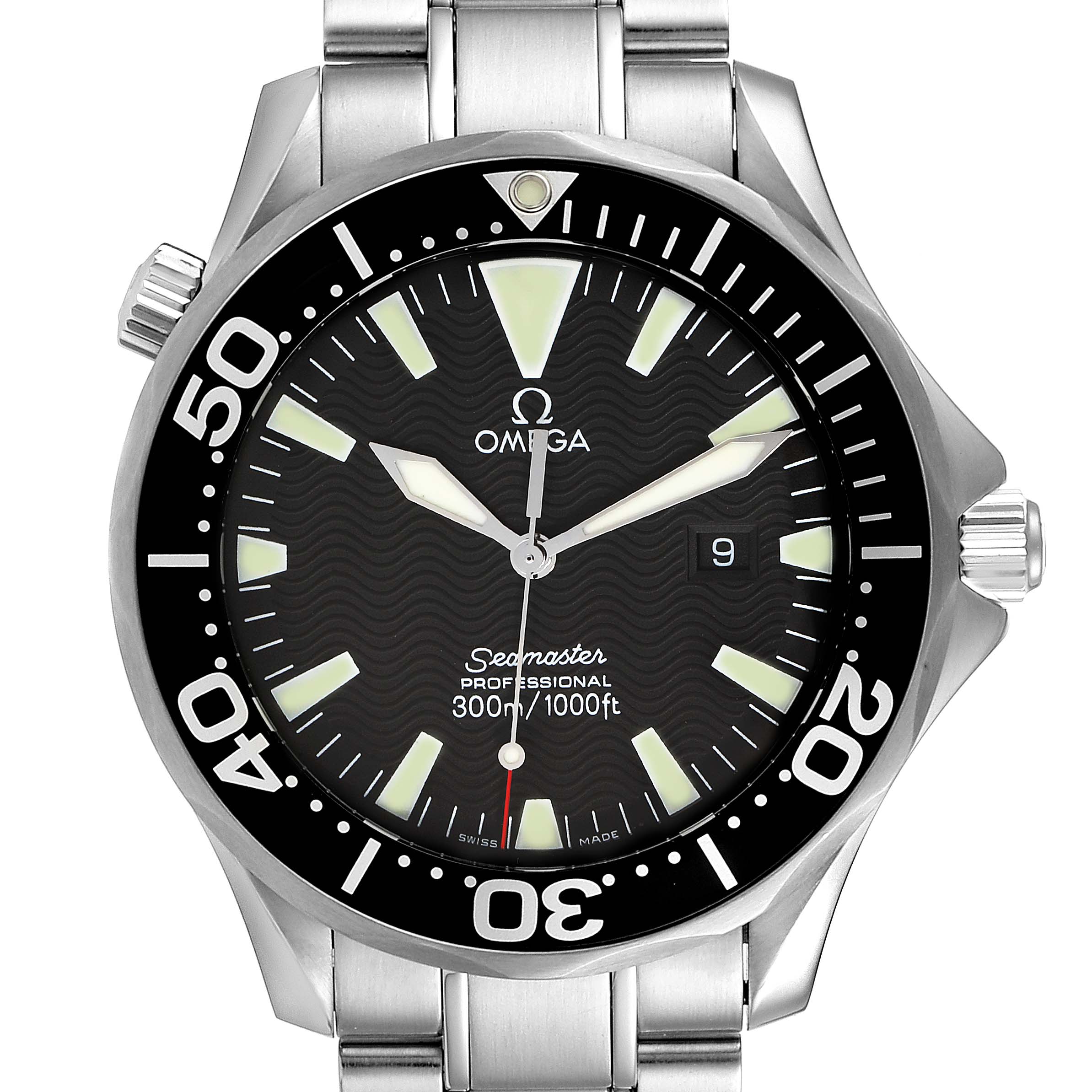 The image shows a front view of the Omega Seamaster 2264.50.00 Men
s Stainless Steel Black Dial 2264.50.00 Men
s Stainless Steel Black Dial watch, highlighting the bezel, dial, hands, and bracelet attachment.