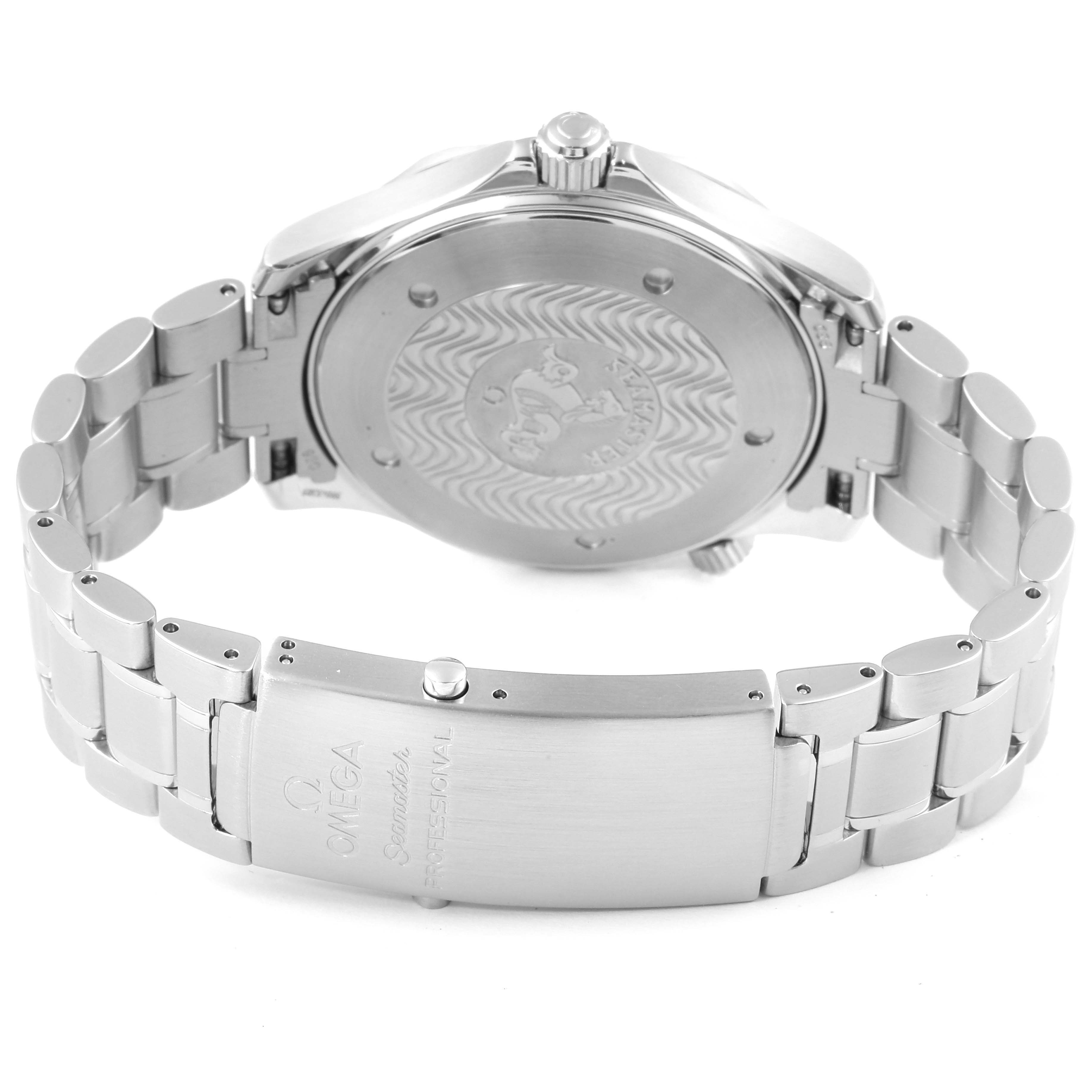 The image shows the back angle of the Omega Seamaster 2264.50.00 Men
s Stainless Steel Black Dial 2264.50.00 Men
s Stainless Steel Black Dial watch, highlighting the case back and the metal bracelet with the clasp visible.