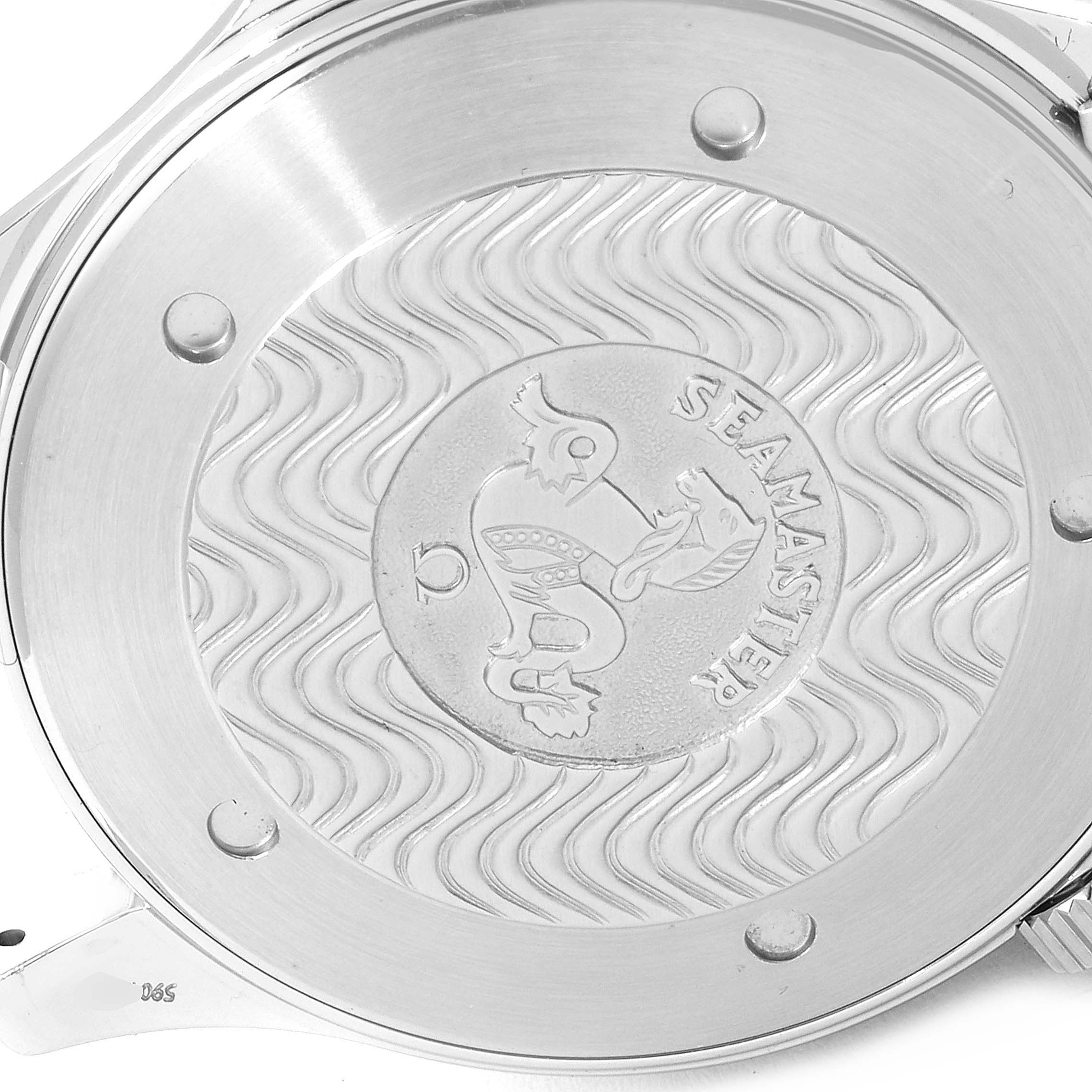 The image shows the engraved case back of an Omega Seamaster 2264.50.00 Men
s Stainless Steel Black Dial 2264.50.00 Men
s Stainless Steel Black Dial watch, viewed from straight above.