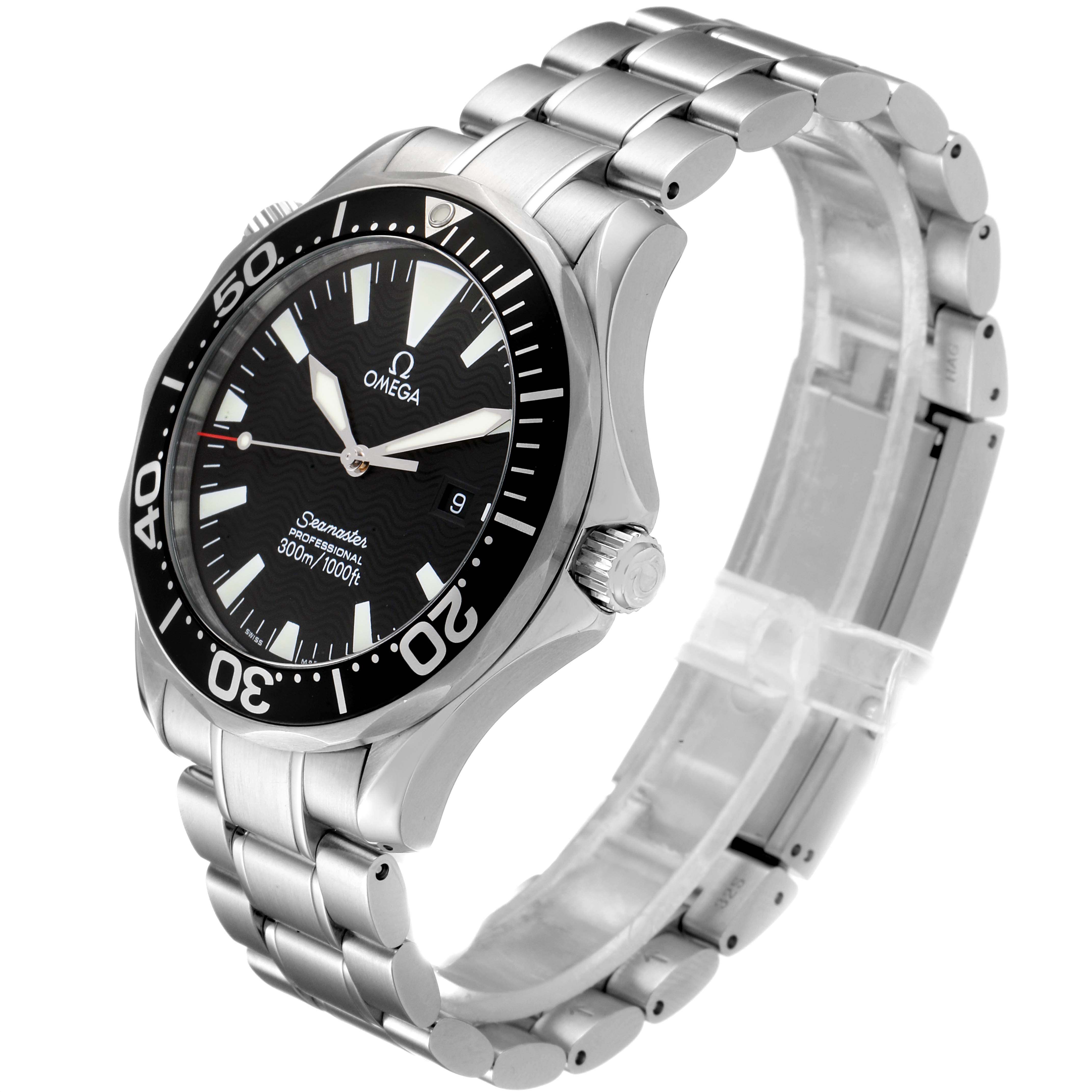 The image shows an Omega Seamaster 2264.50.00 Men
s Stainless Steel Black Dial 2264.50.00 Men
s Stainless Steel Black Dial watch at a three-quarter angle, highlighting the bezel, dial, crown, and bracelet.