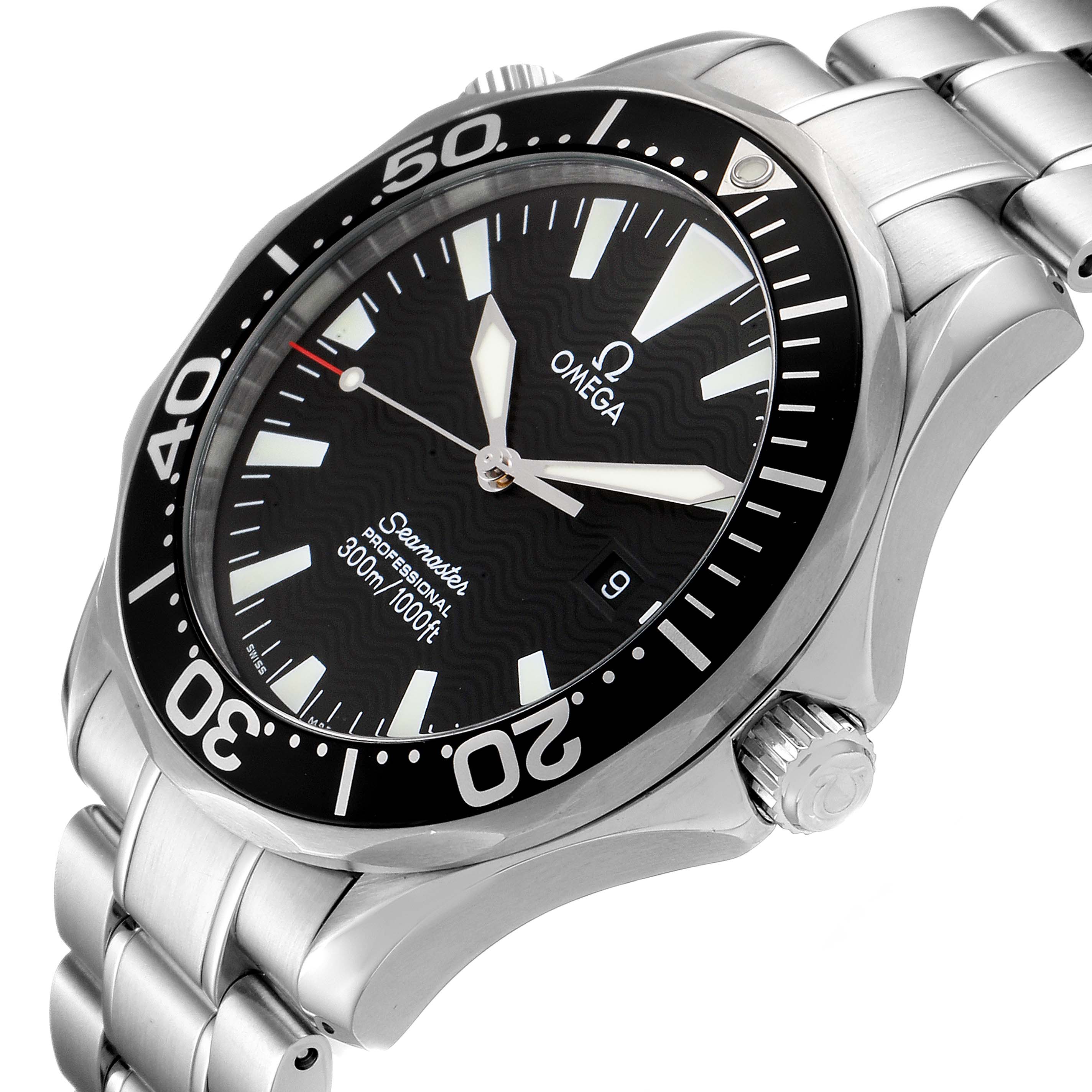 The image shows a close-up angled view of the Omega Seamaster 2264.50.00 Men
s Stainless Steel Black Dial 2264.50.00 Men
s Stainless Steel Black Dial watch, highlighting the dial, bezel, crown, and part of the bracelet.