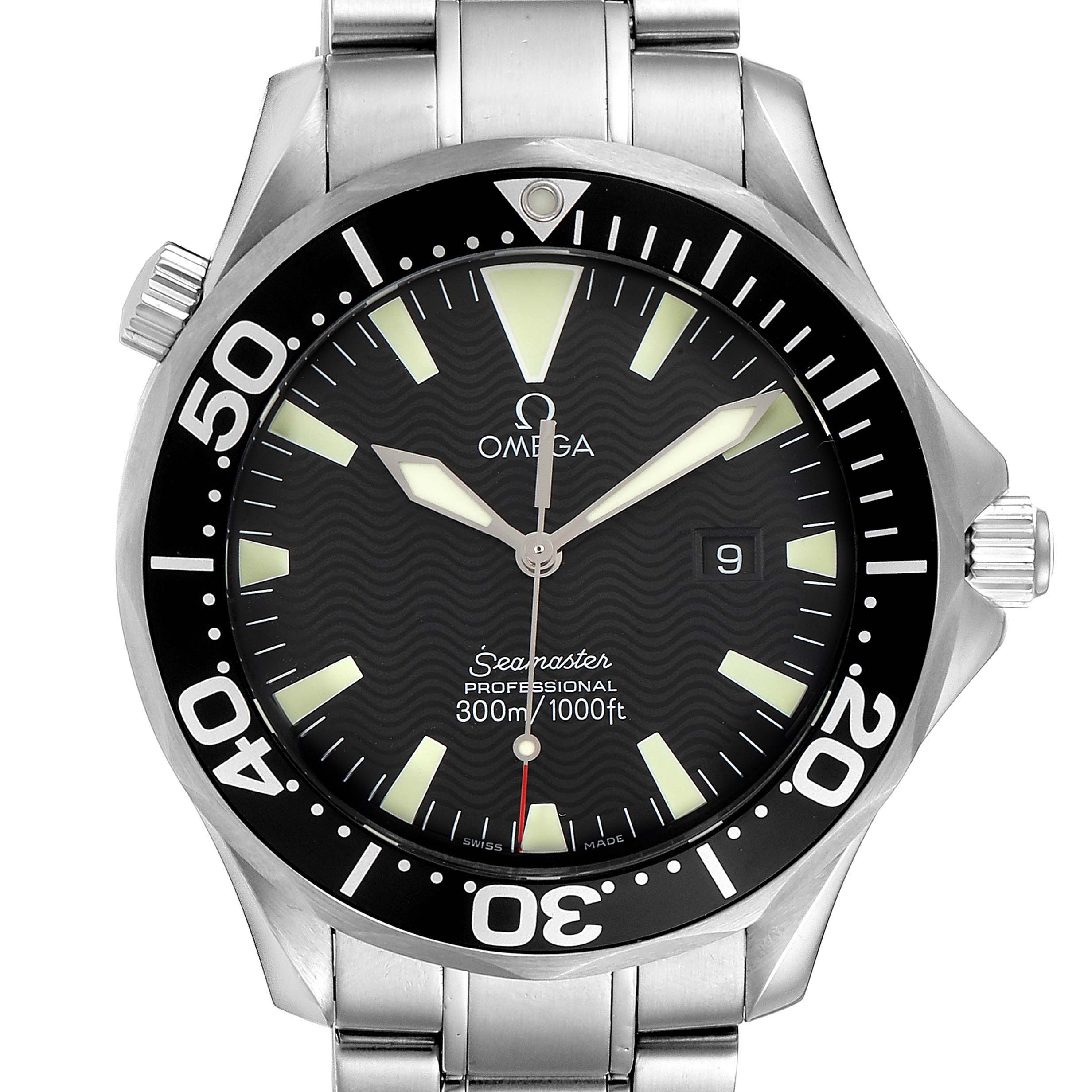 The image shows the front view of the Omega Seamaster 2264.50.00 Men
s Stainless Steel Black Dial 2264.50.00 Men
s Stainless Steel Black Dial watch, highlighting its dial, bezel, hands, and bracelet.
