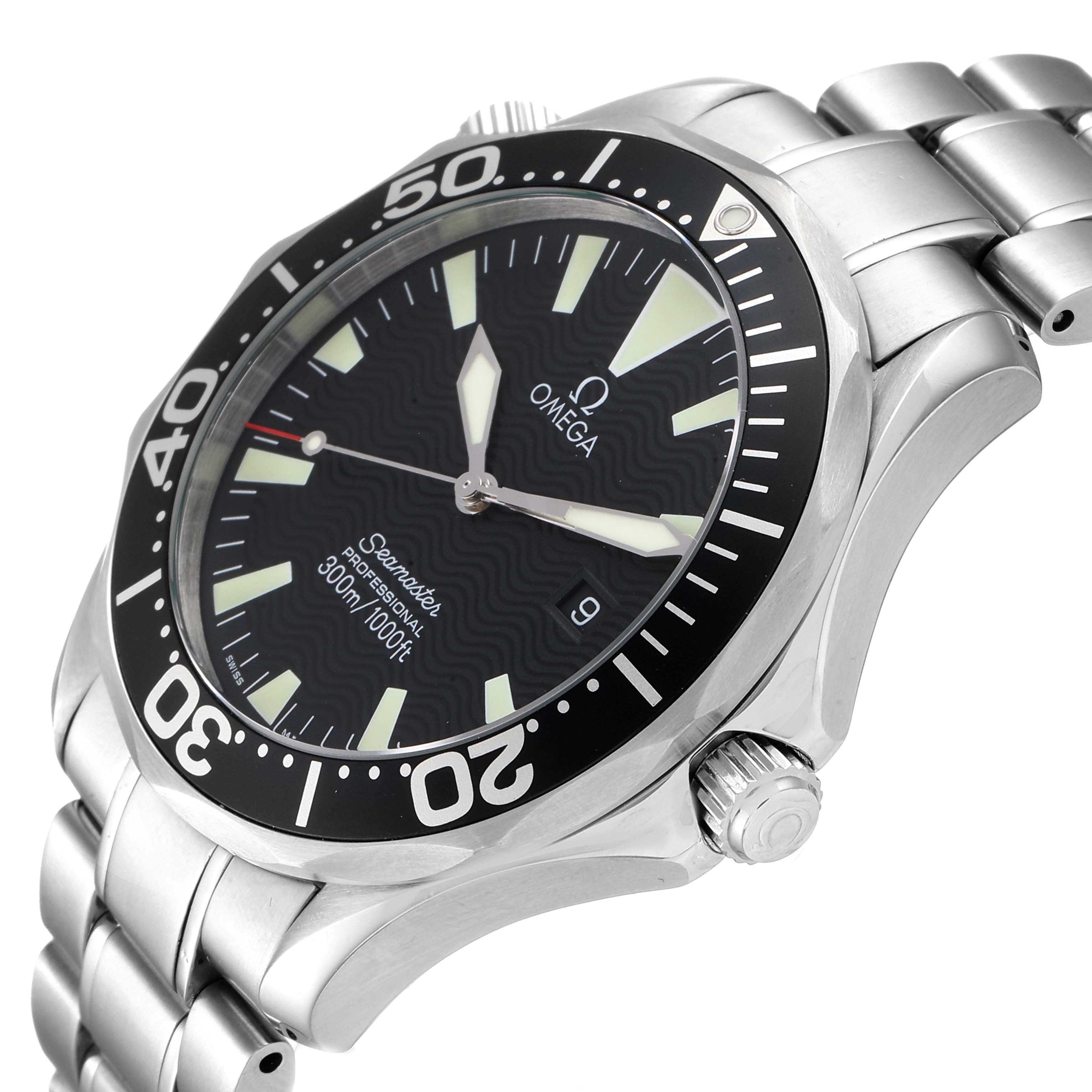 This image shows an Omega Seamaster 2264.50.00 Men
s Stainless Steel Black Dial 2264.50.00 Men
s Stainless Steel Black Dial watch at a three-quarter angle, highlighting its dial, bezel, crown, and stainless steel bracelet.
