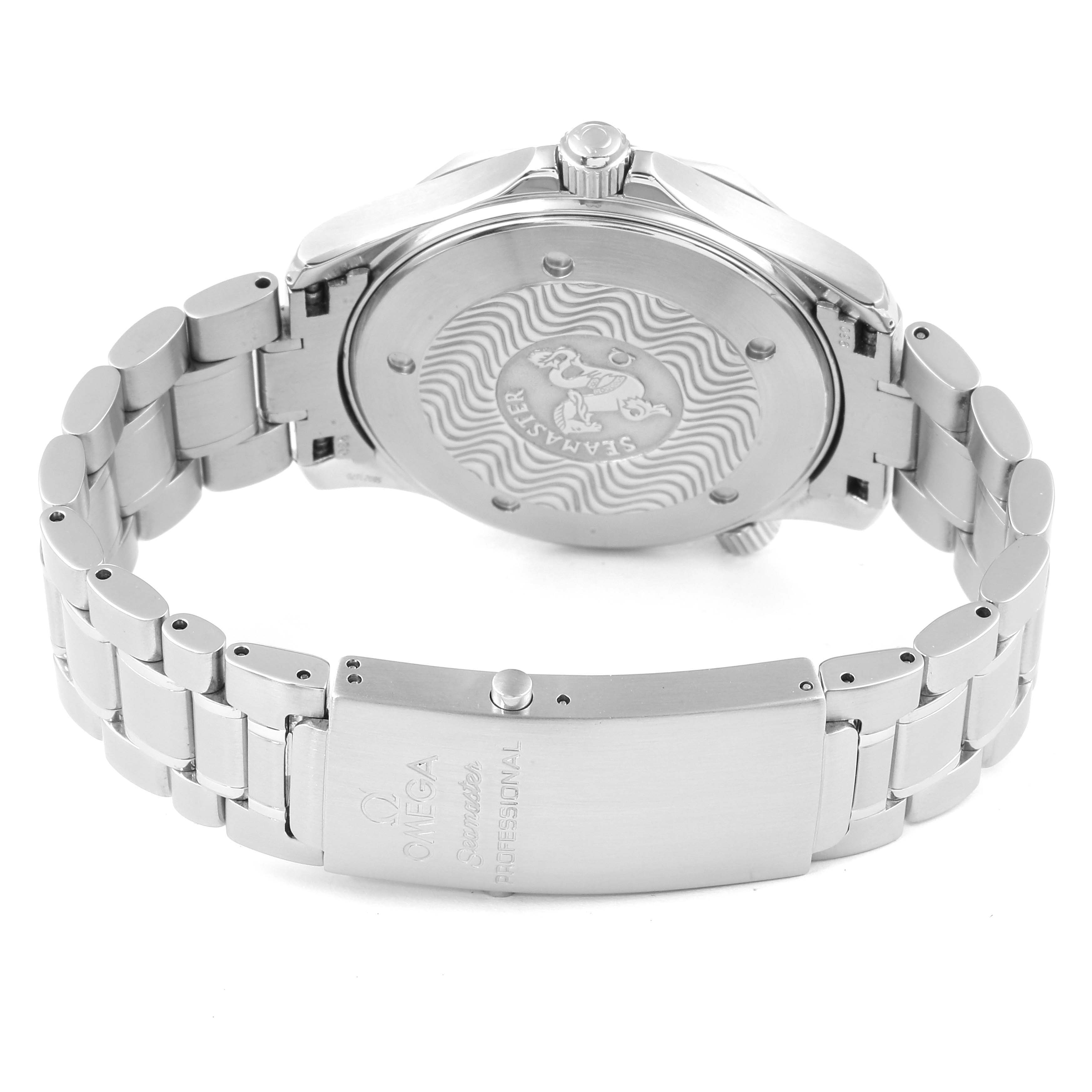 The image shows the back view of an Omega Seamaster 2264.50.00 Men
s Stainless Steel Black Dial 2264.50.00 Men
s Stainless Steel Black Dial watch, highlighting its closed clasp and engraved case back.