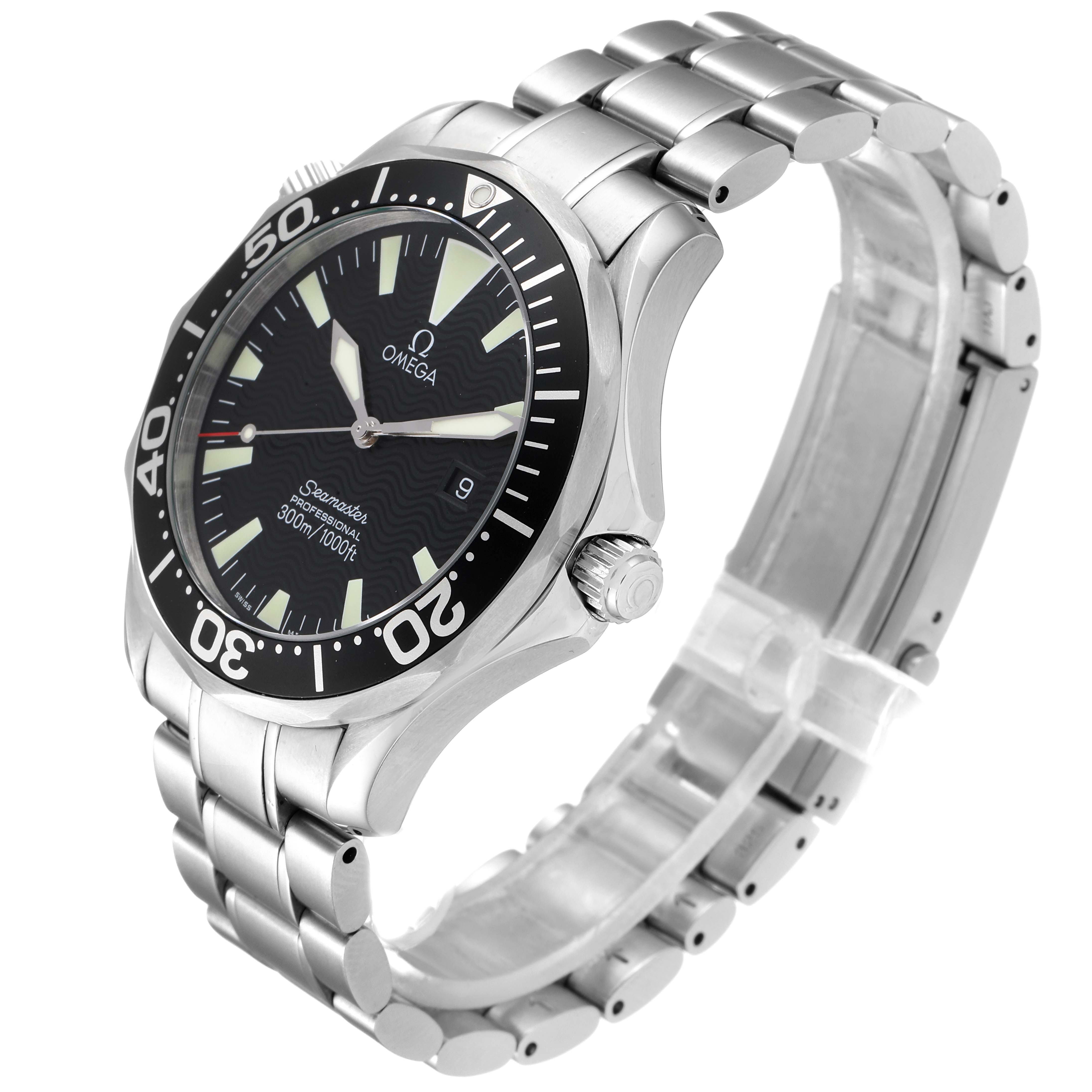 The image showcases an Omega Seamaster 2264.50.00 Men
s Stainless Steel Black Dial 2264.50.00 Men
s Stainless Steel Black Dial watch from an angled side view, displaying the face, bezel, bracelet, and crown.