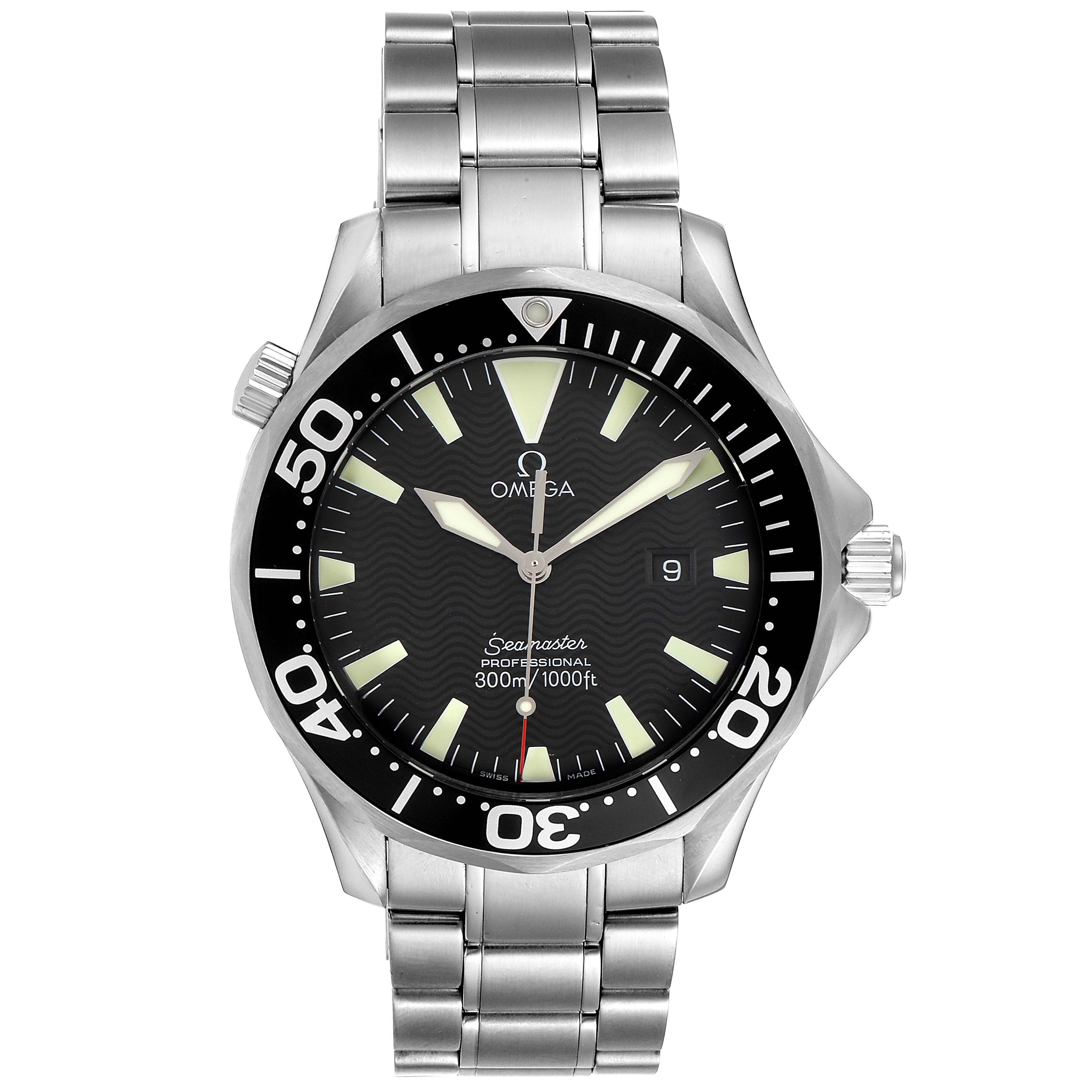 This image shows a front view of the Omega Seamaster 2264.50.00 Men
s Stainless Steel Black Dial 2264.50.00 Men
s Stainless Steel Black Dial watch, highlighting its face, bezel, and stainless steel bracelet.