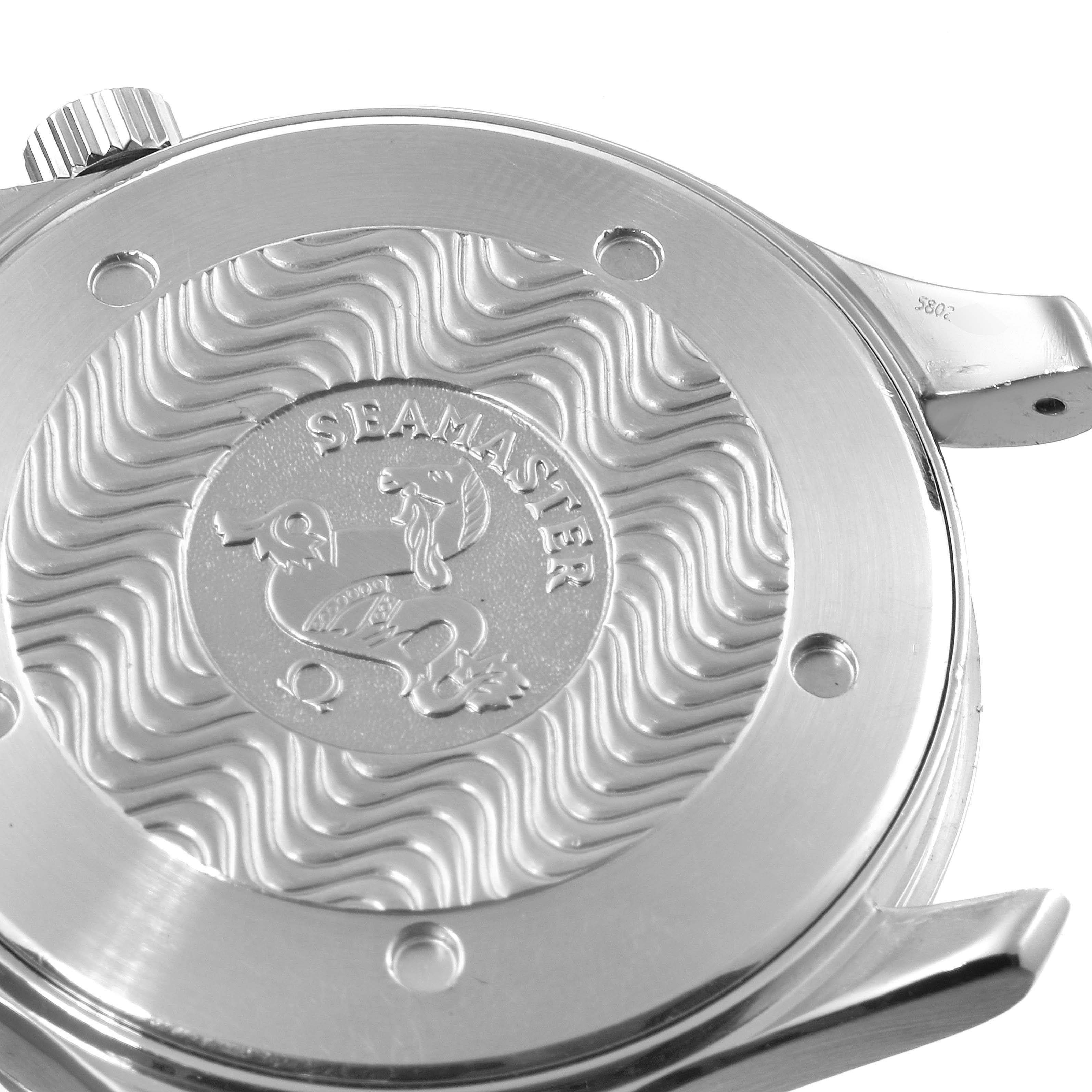 This image shows the case back and crown of an Omega Seamaster 2264.50.00 Men
s Stainless Steel Black Dial 2264.50.00 Men
s Stainless Steel Black Dial watch, featuring an embossed design.