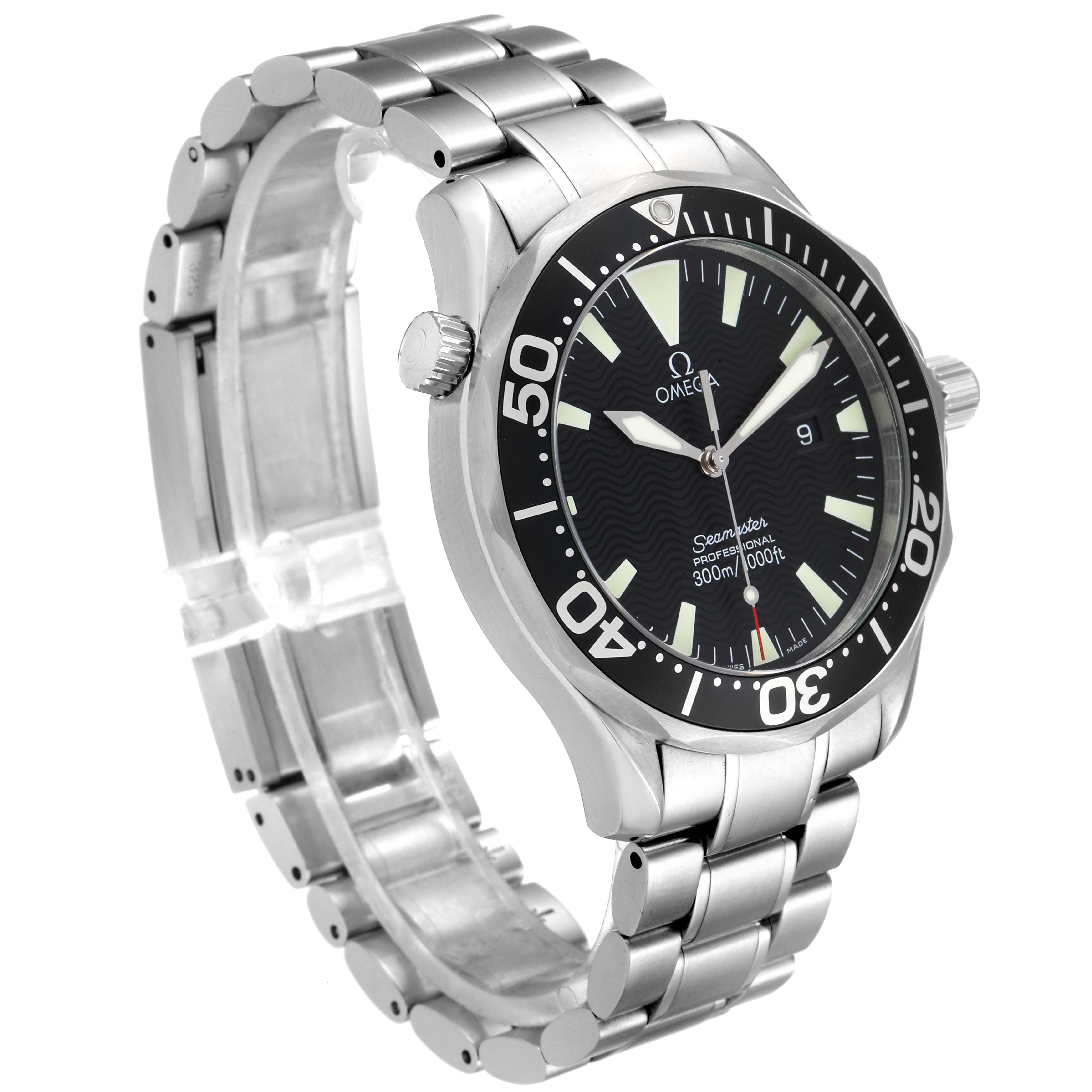 The image shows a side angle of an Omega Seamaster 2264.50.00 Men
s Stainless Steel Black Dial 2264.50.00 Men
s Stainless Steel Black Dial watch, highlighting its stainless steel bracelet and bezel.