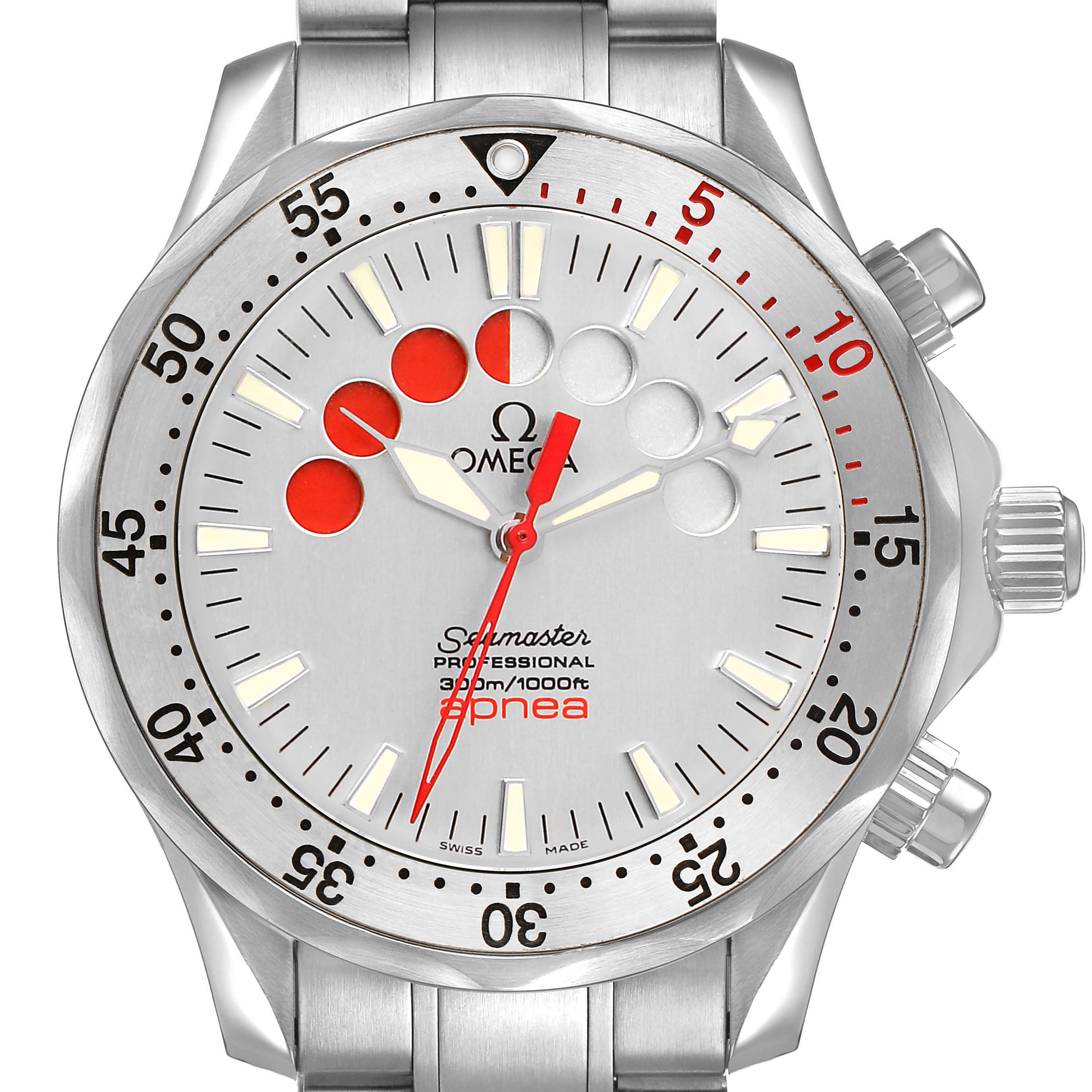 The Omega Seamaster 2595.30.00 Men's Stainless Steel Silver Dial watch is shown from a front angle, highlighting the dial, bezel, and crown.