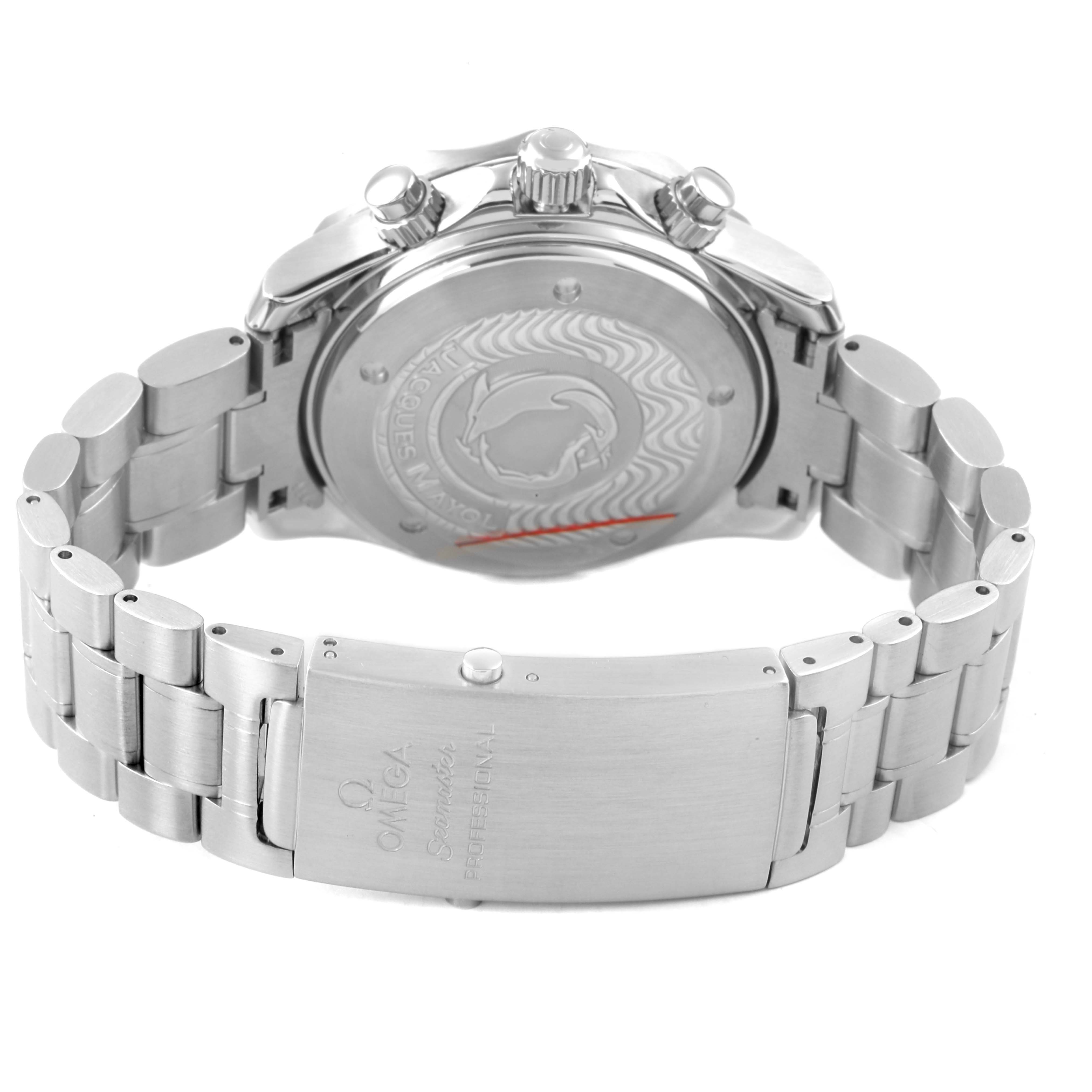 The image shows the back and clasp of an Omega Seamaster 2595.30.00 Men's Stainless Steel Silver Dial watch, highlighting the bracelet and case back details.