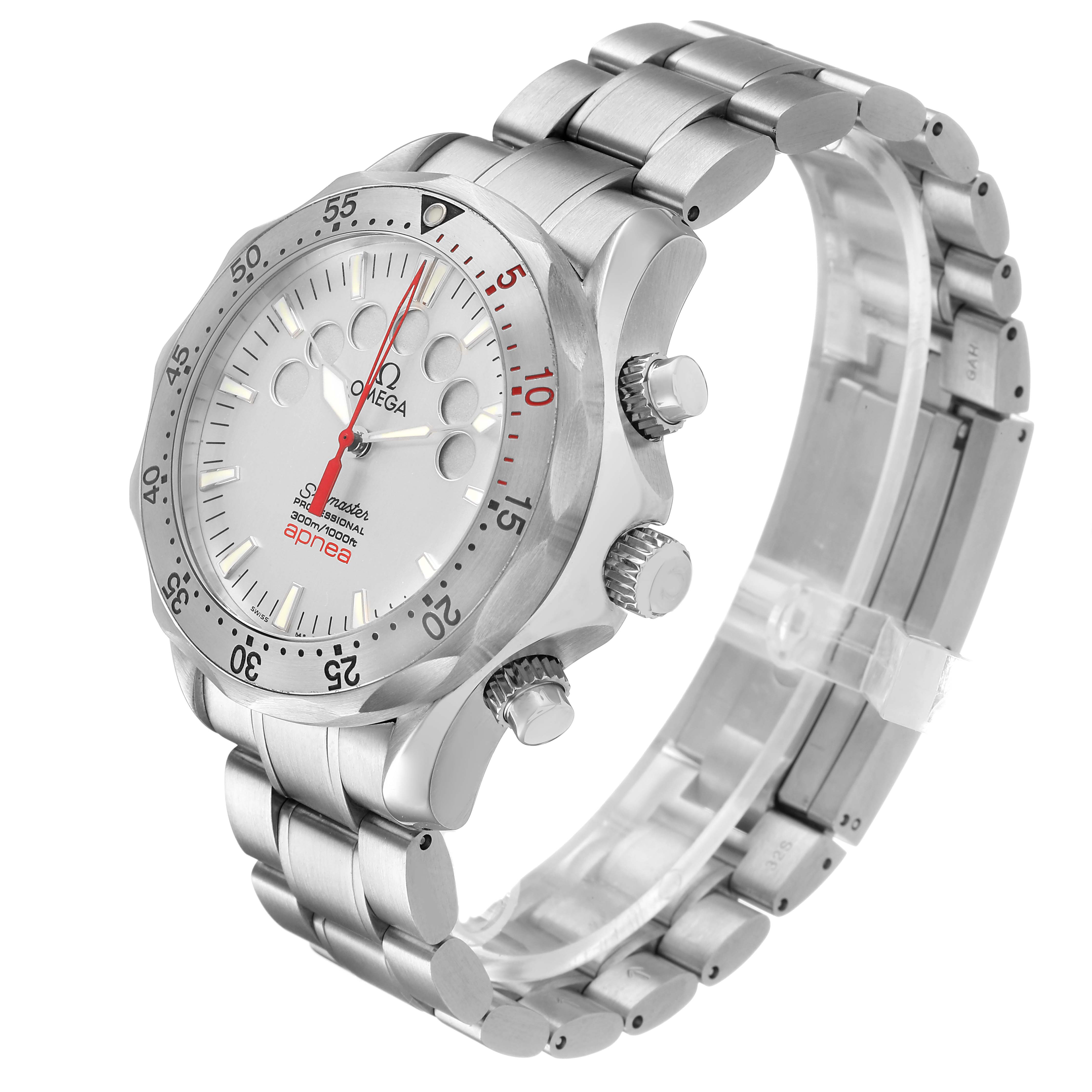 The Omega Seamaster 2595.30.00 Men's Stainless Steel Silver Dial watch is shown at an oblique angle, highlighting the face, bezel, crown, and stainless steel bracelet.