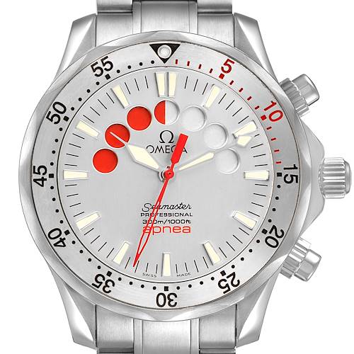 This Omega Seamaster 2595.30.00 Men's Stainless Steel Silver Dial watch is shown from a front angle, highlighting its dial, bezel, and pushers.