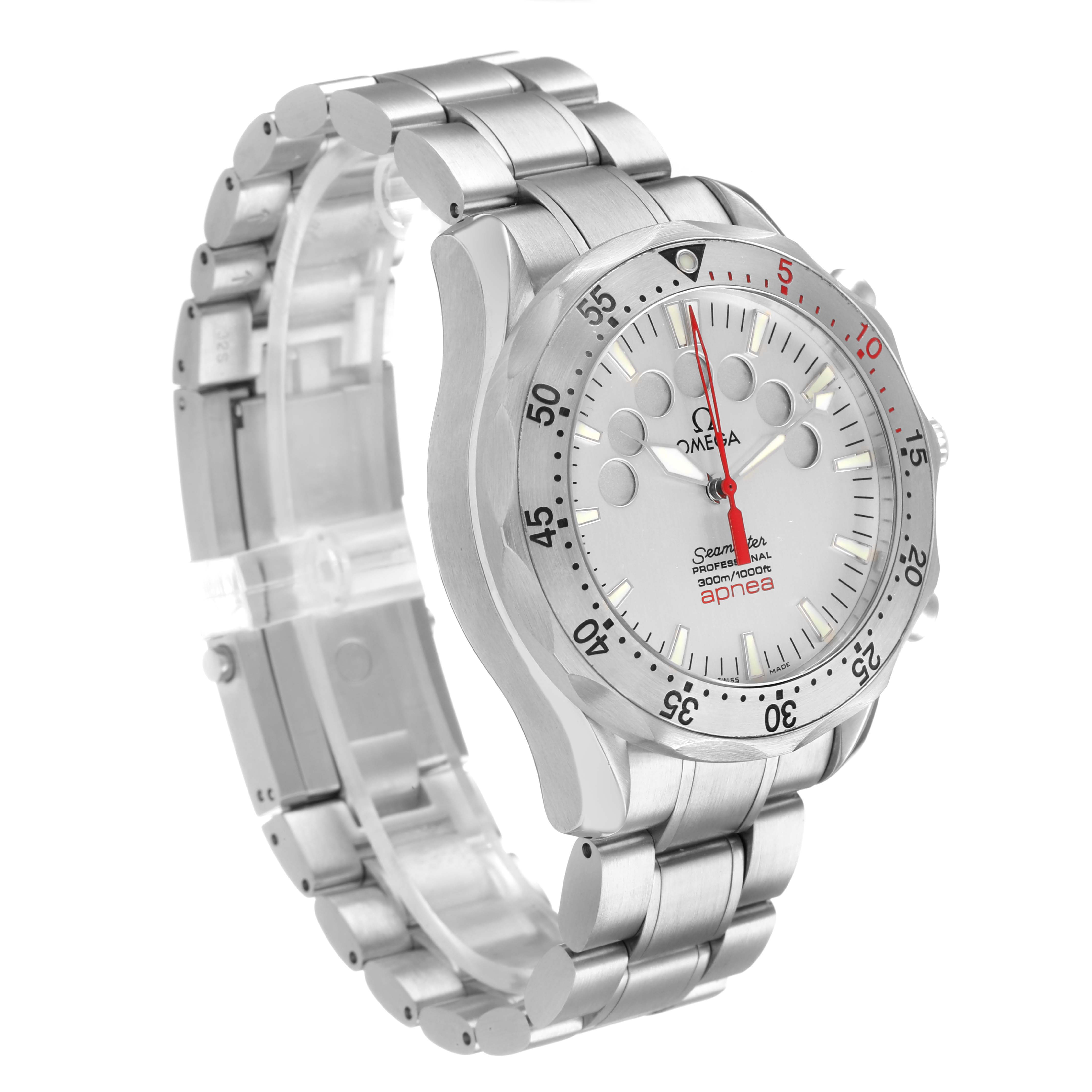 The Omega Seamaster 2595.30.00 Men's Stainless Steel Silver Dial watch is shown at a three-quarter angle highlighting the face, bezel, and bracelet.