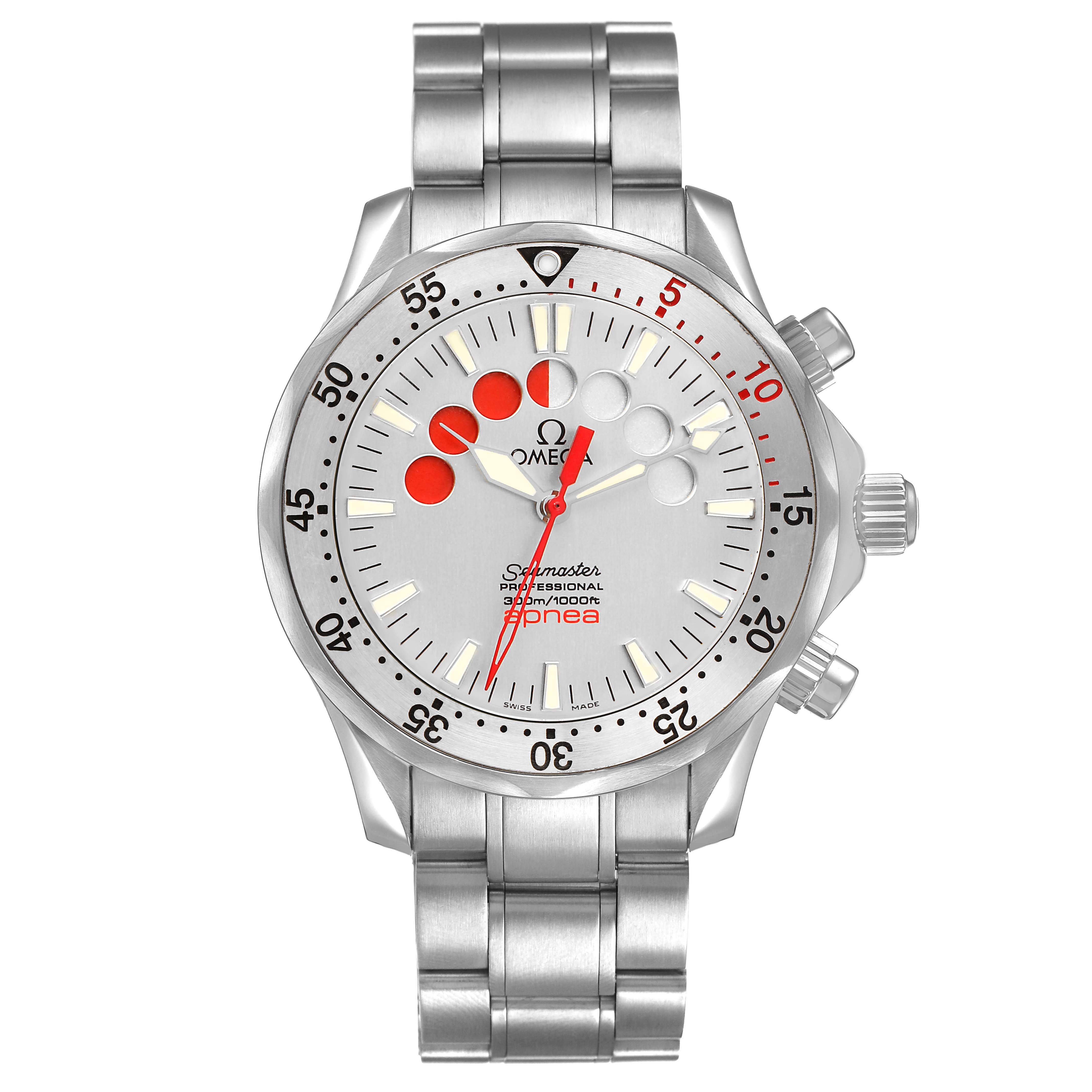 The Omega Seamaster 2595.30.00 Men's Stainless Steel Silver Dial watch is shown from the front, displaying the face, bezel, and metal bracelet.