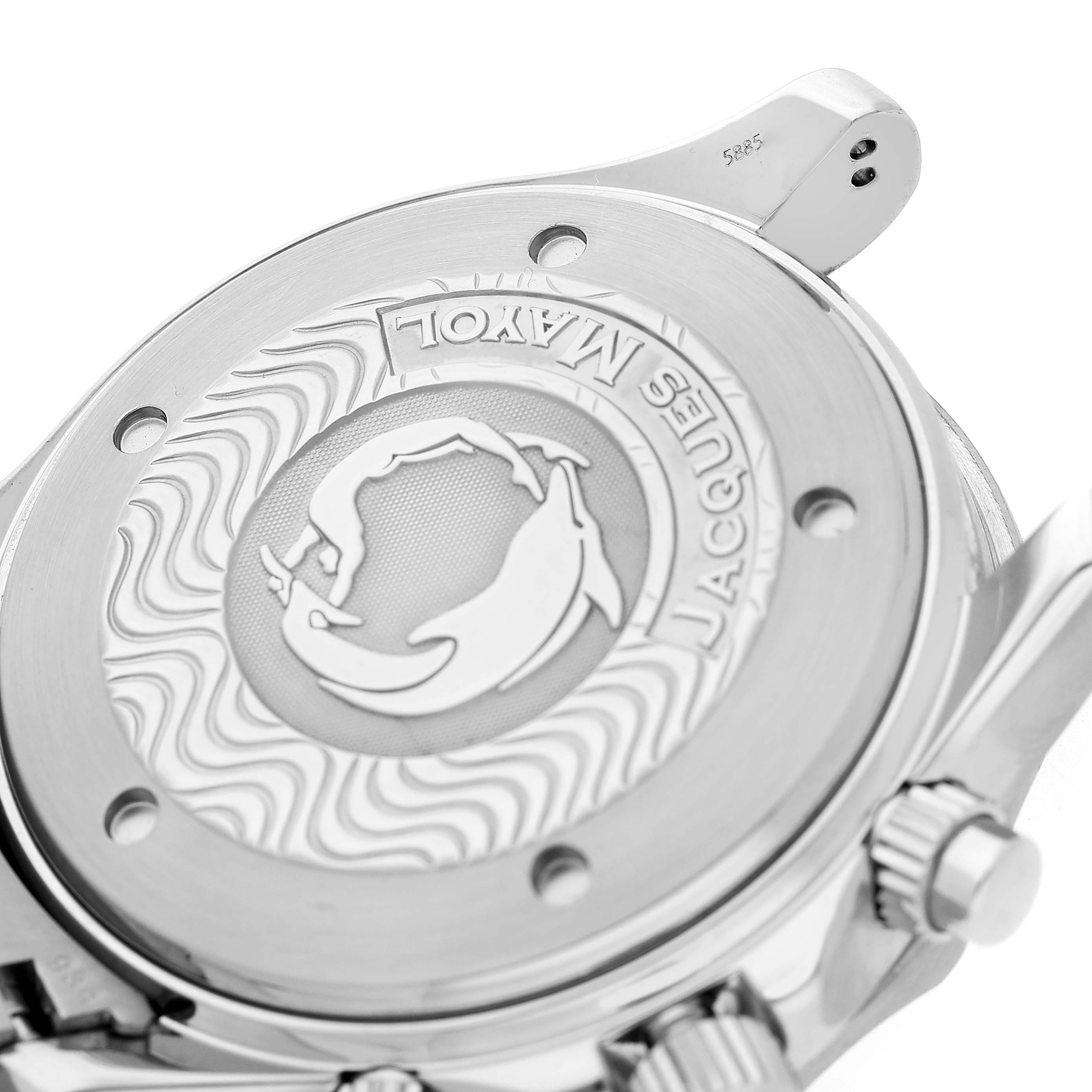 The image shows the back of an Omega Seamaster 2595.30.00 Men's Stainless Steel Silver Dial watch, highlighting the engraved design and crown at an angle.