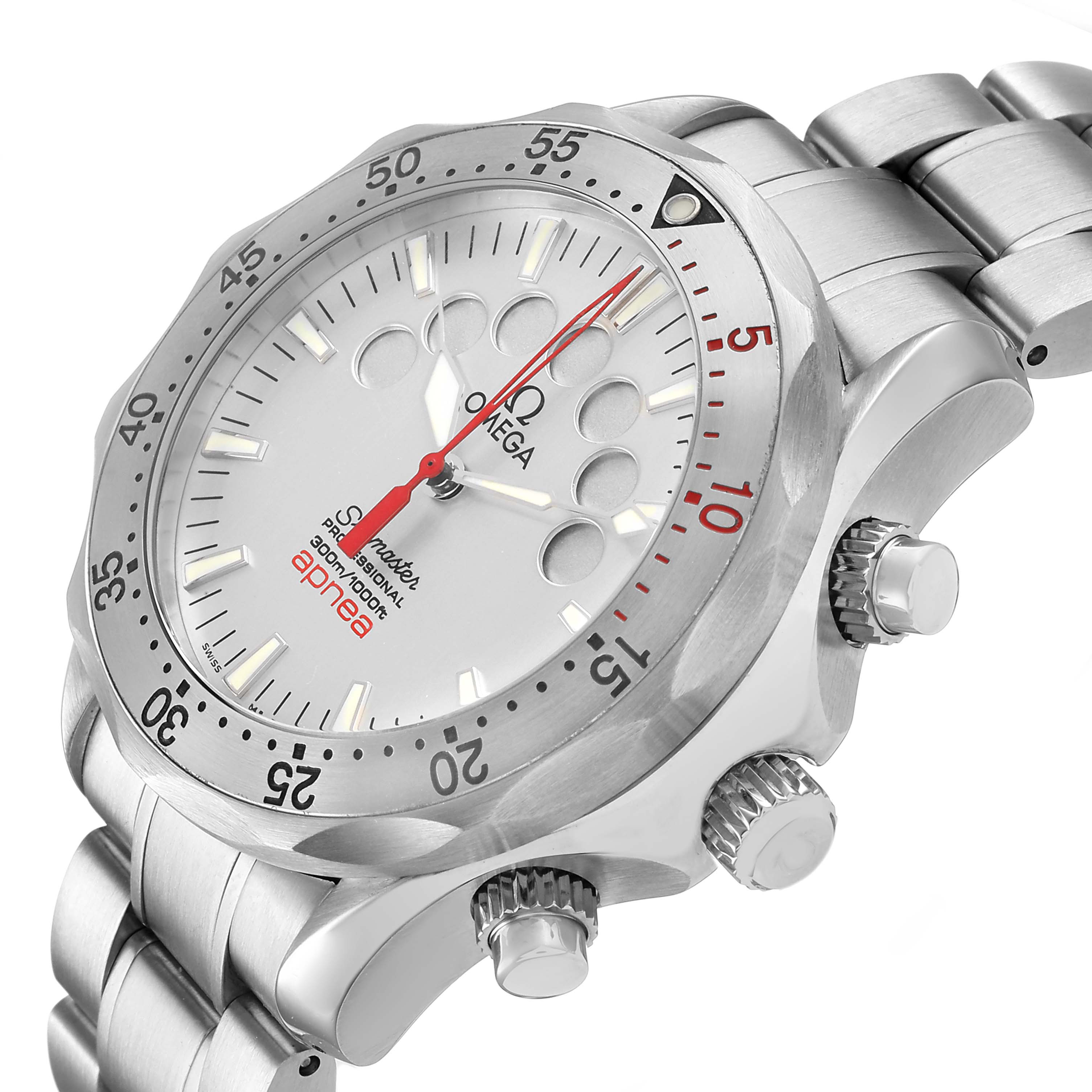 The Omega Seamaster 2595.30.00 Men's Stainless Steel Silver Dial watch is shown from a front angle, displaying the dial, bezel, case, and part of the bracelet.