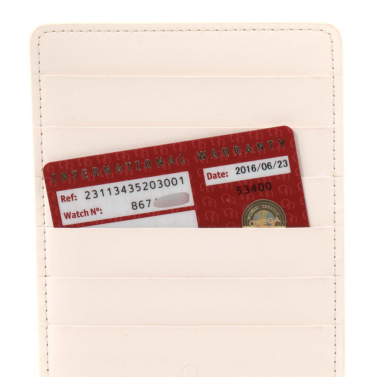 The image shows the international warranty card for the Omega Aqua Terra 231.13.43.52.03.001 Men's Stainless Steel Blue Dial 231.13.43.52.03.001 Men's Stainless Steel Blue Dial model, partially inserted into a case holder.