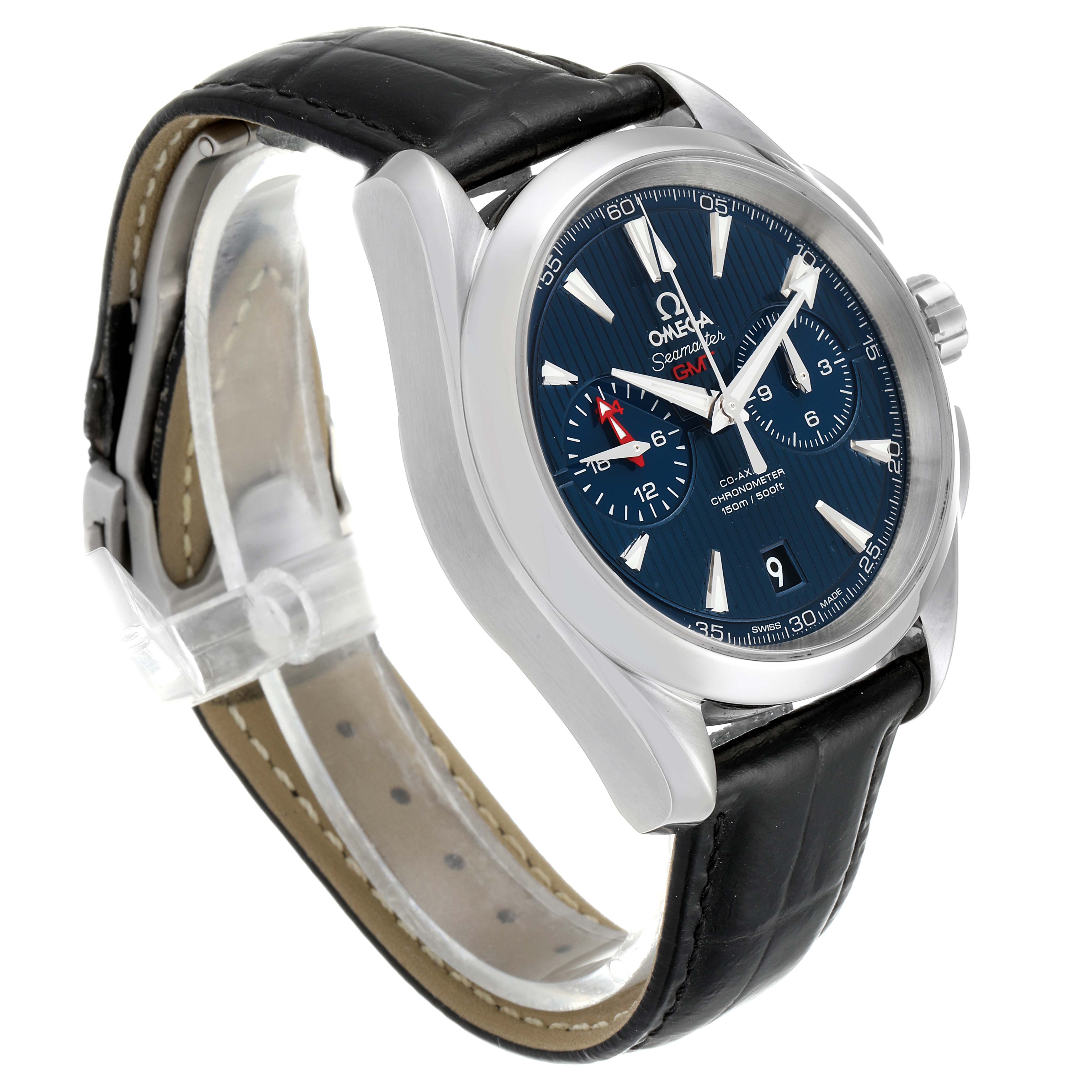 The Omega Aqua Terra 231.13.43.52.03.001 Men's Stainless Steel Blue Dial 231.13.43.52.03.001 Men's Stainless Steel Blue Dial watch is shown at a three-quarter angle, displaying the face, bezel, crown, and leather strap.