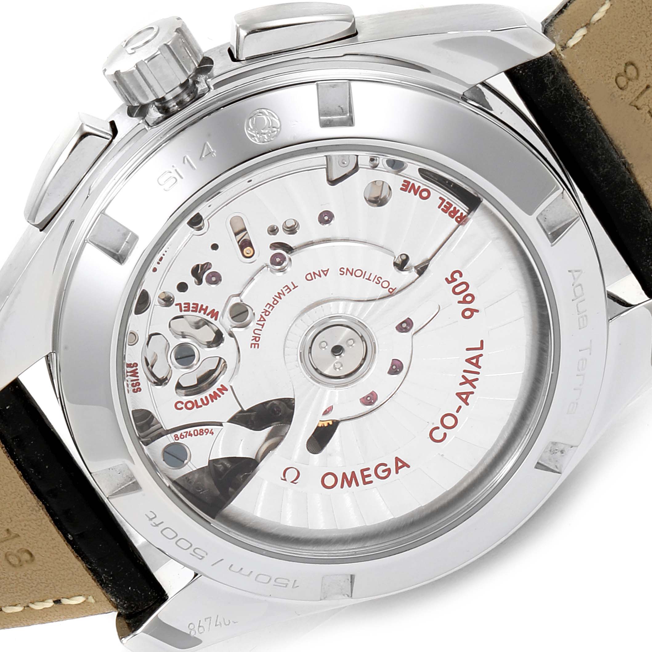 The image shows the back of an Omega Aqua Terra 231.13.43.52.03.001 Men's Stainless Steel Blue Dial 231.13.43.52.03.001 Men's Stainless Steel Blue Dial watch, focusing on its co-axial movement and internal mechanisms.