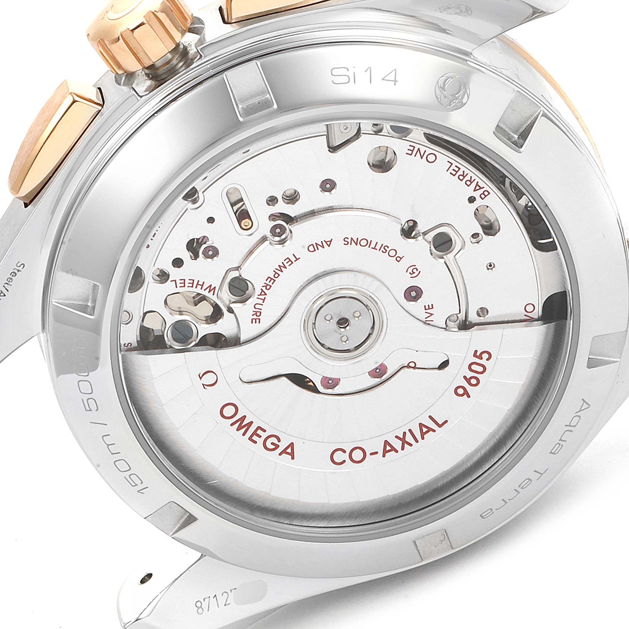 The image shows the back view of the Omega Aqua Terra 231.23.43.52.06.001 Men's Steel and Gold (two tone) Brown Dial 231.23.43.52.06.001 Men's Steel and Gold (two tone) Brown Dial watch, highlighting its Co-Axial movement mechanism.