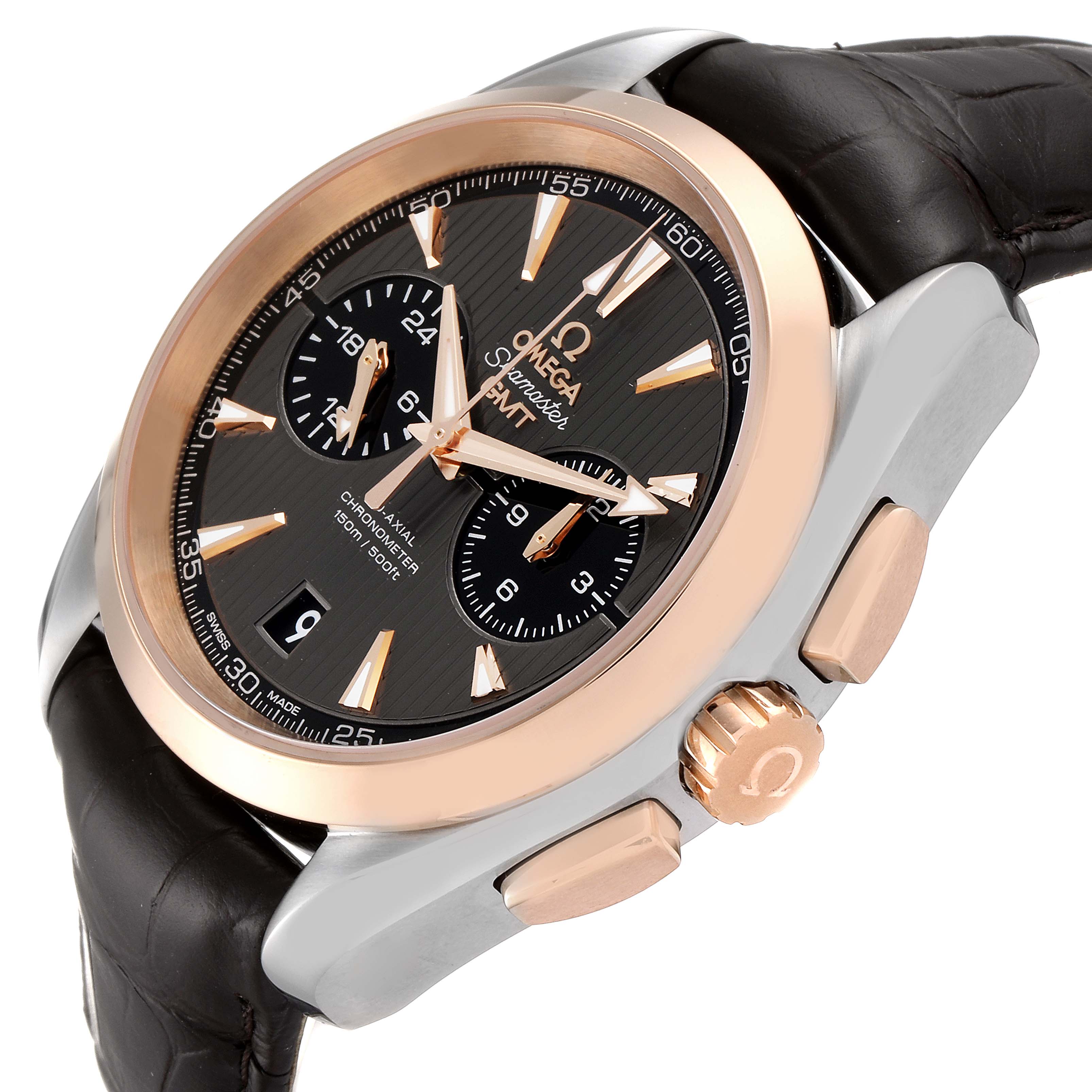 The image shows the Omega Aqua Terra 231.23.43.52.06.001 Men's Steel and Gold (two tone) Brown Dial 231.23.43.52.06.001 Men's Steel and Gold (two tone) Brown Dial watch at a three-quarter angle, displaying the face, crown, and part of the strap.