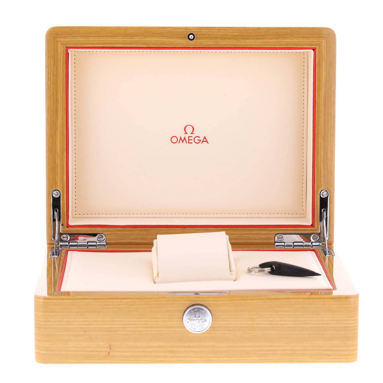 This image shows the open box, cushion, and warranty card holder for the Omega Aqua Terra 231.23.43.52.06.001 Men's Steel and Gold (two tone) Brown Dial 231.23.43.52.06.001 Men's Steel and Gold (two tone) Brown Dial watch model.