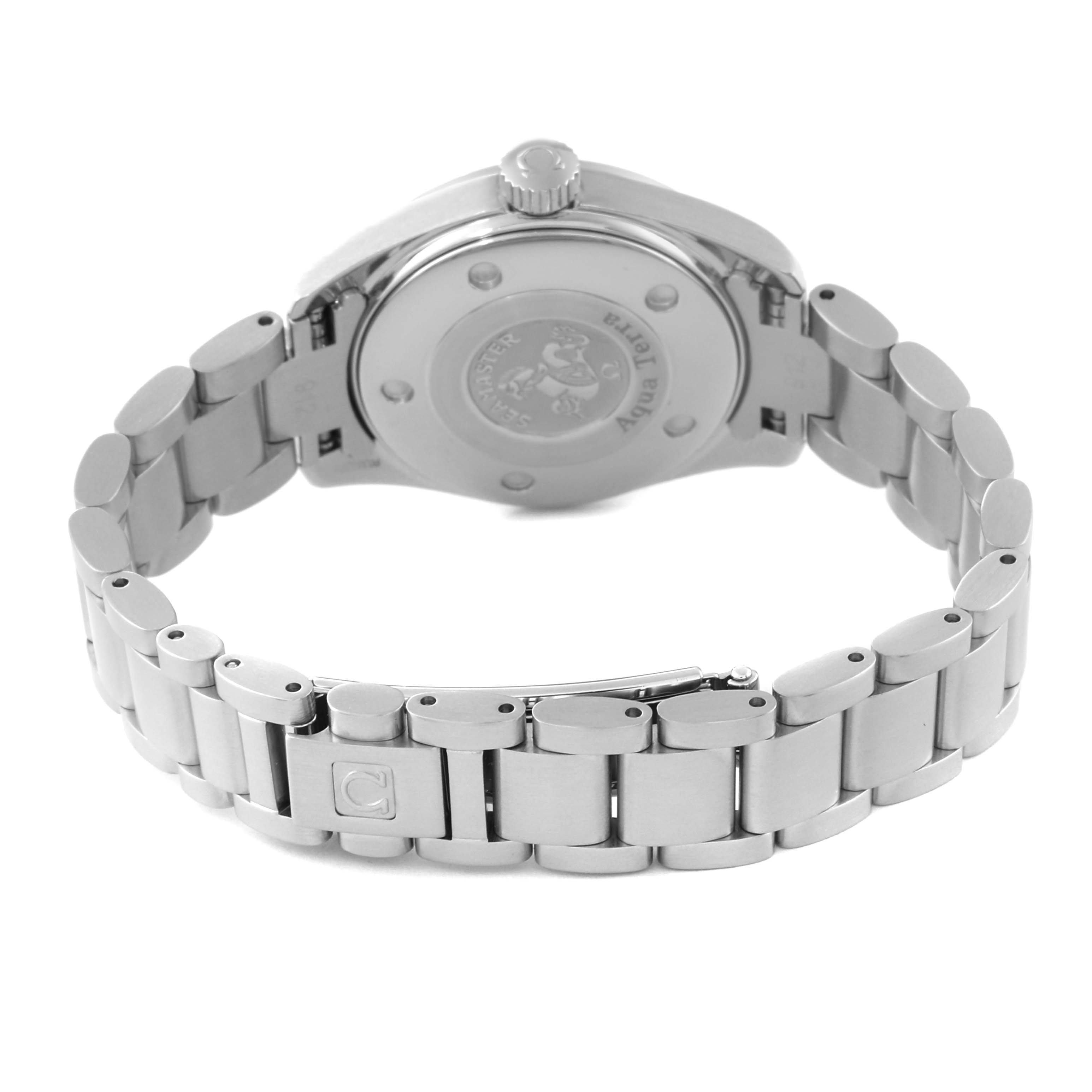 The image shows the back and part of the stainless steel bracelet of the Omega 2579.75.00 Women
s Stainless Steel Mother of Pearl Dial 2579.75.00 Women
s Stainless Steel Mother of Pearl Dial Seamaster Aqua Terra Mother of Pearl Diamond Steel Ladies Watch 2579.75.00.