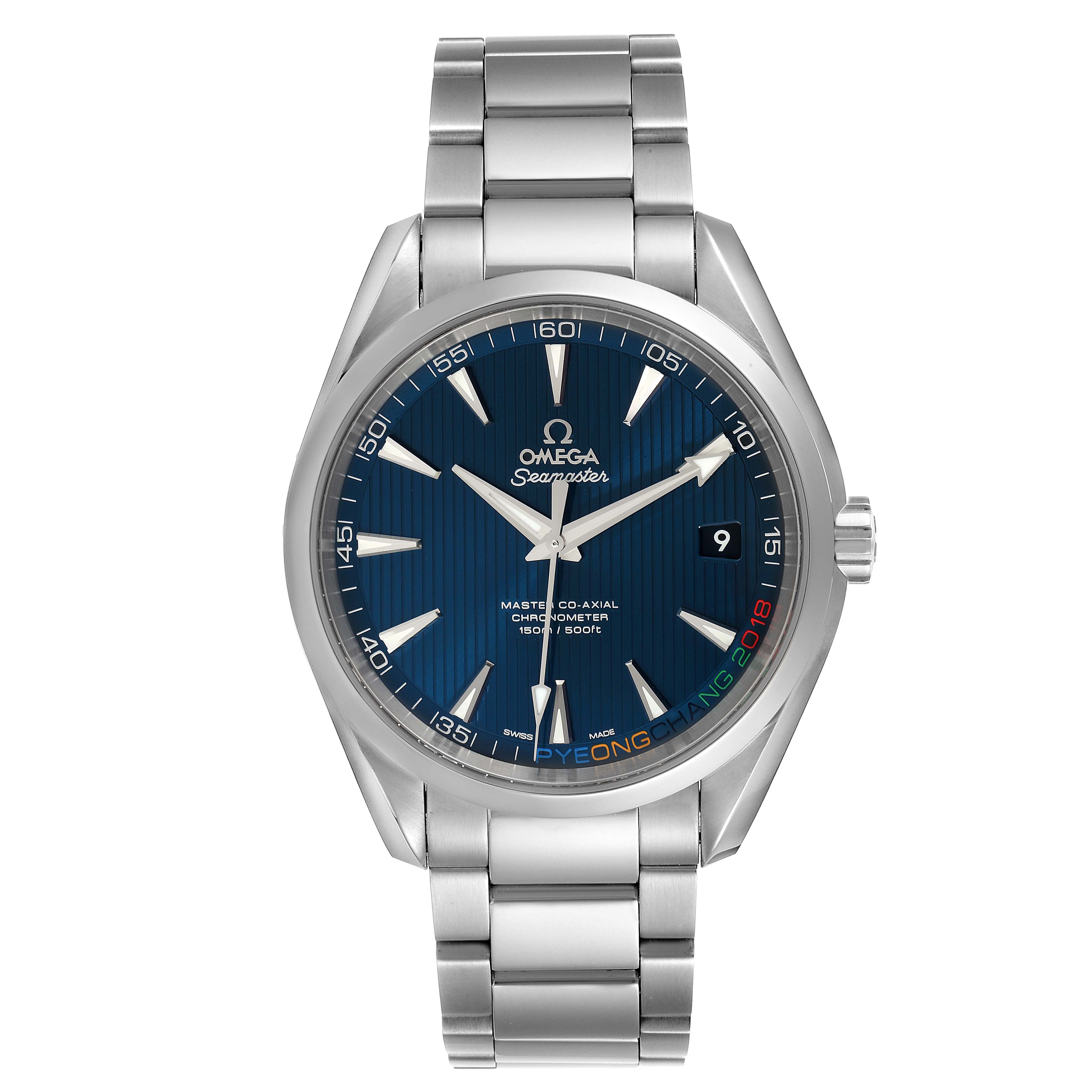 The image shows a front view of an Omega Aqua Terra 522.10.42.21.03.001 Men's Stainless Steel Blue Dial 522.10.42.21.03.001 Men's Stainless Steel Blue Dial watch, displaying its face, bezel, hands, and stainless steel bracelet.