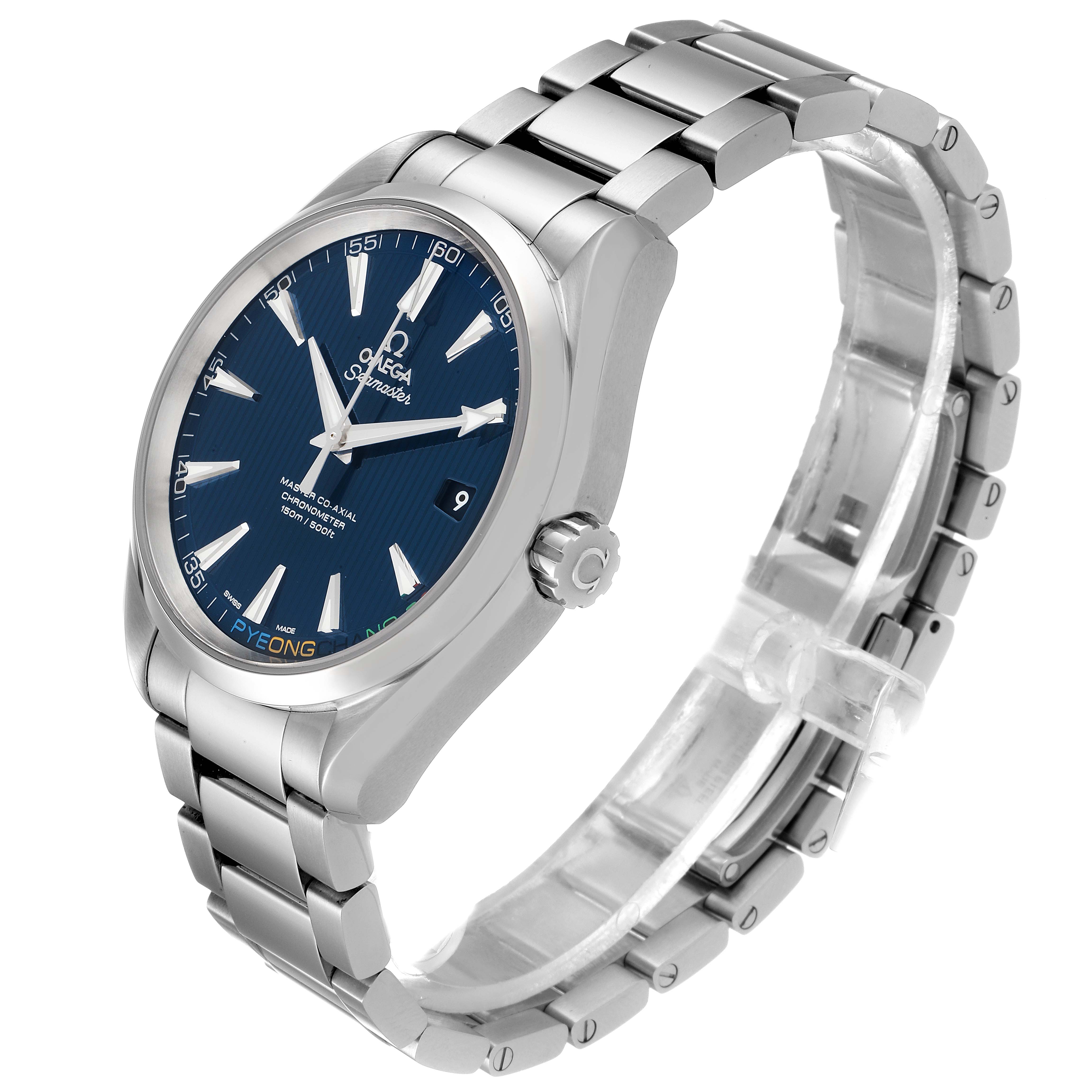 The image shows a side-angle view of the Omega Aqua Terra 522.10.42.21.03.001 Men's Stainless Steel Blue Dial 522.10.42.21.03.001 Men's Stainless Steel Blue Dial watch, highlighting its blue dial, stainless steel bracelet, and crown.