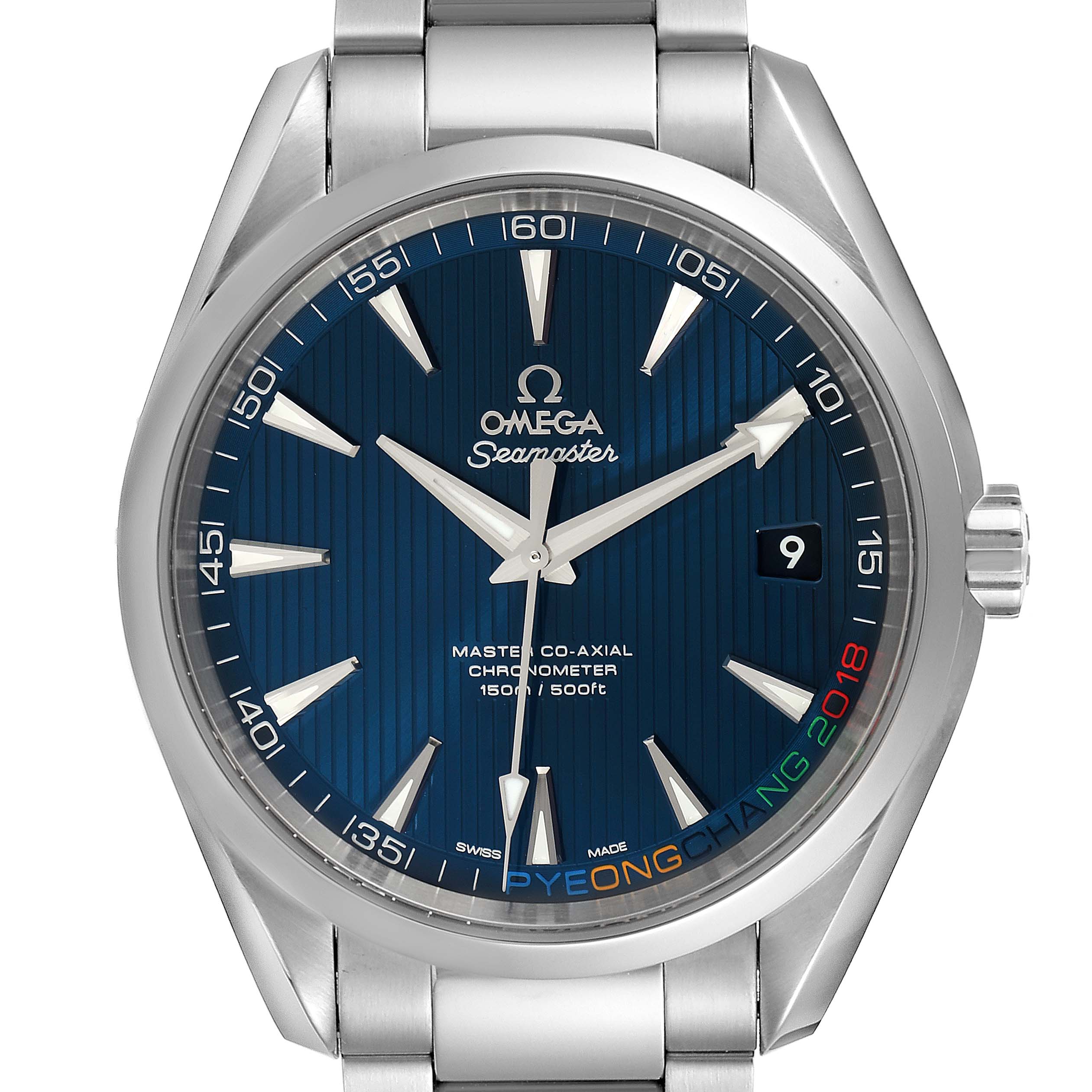 This image shows a front view of the Omega Aqua Terra 522.10.42.21.03.001 Men's Stainless Steel Blue Dial 522.10.42.21.03.001 Men's Stainless Steel Blue Dial model watch, highlighting the blue dial, hour markers, hands, bezel, and part of the bracelet.