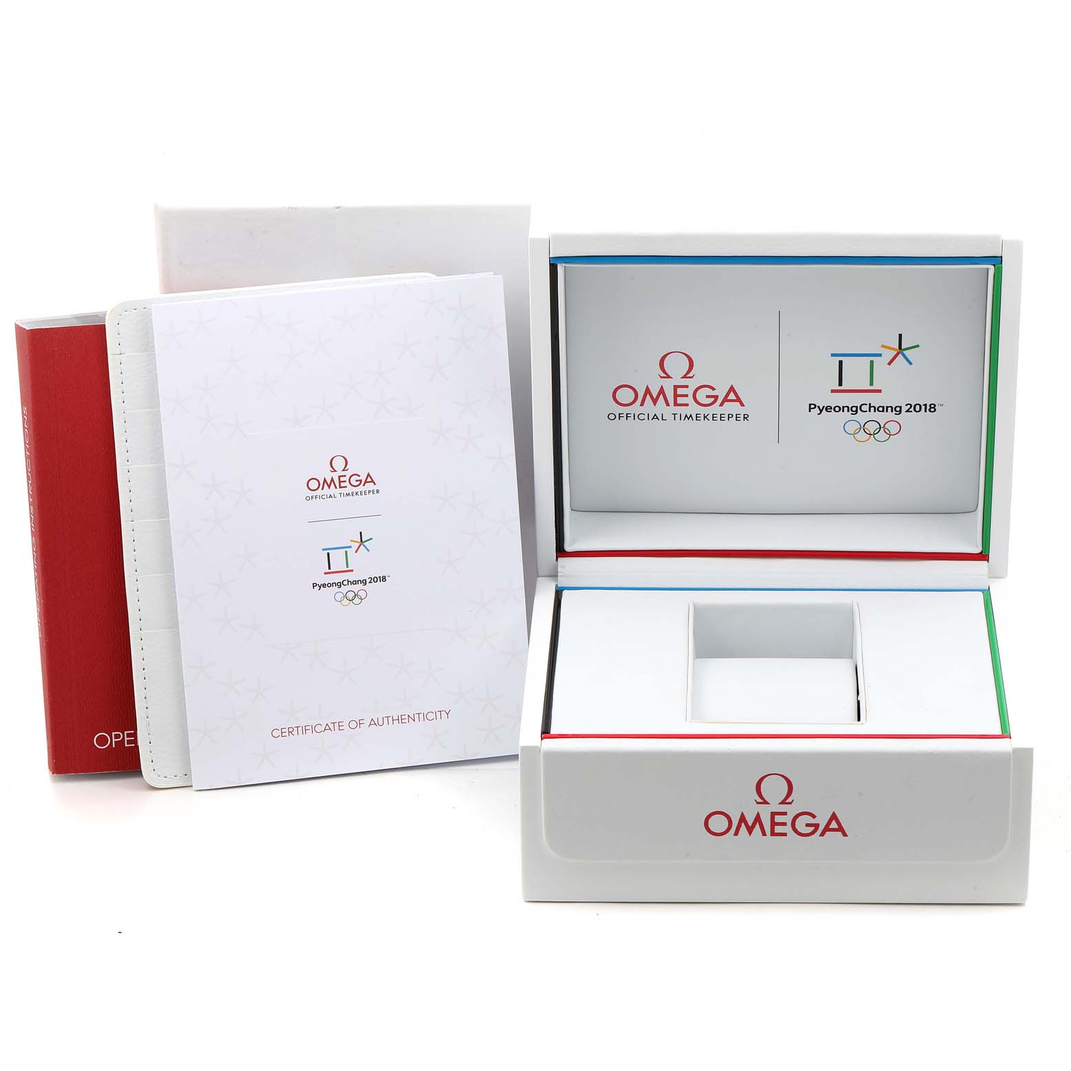 This image shows the packaging, certificate of authenticity, and booklet for the Omega Aqua Terra 522.10.42.21.03.001 Men's Stainless Steel Blue Dial 522.10.42.21.03.001 Men's Stainless Steel Blue Dial watch, PyeongChang 2018 edition.