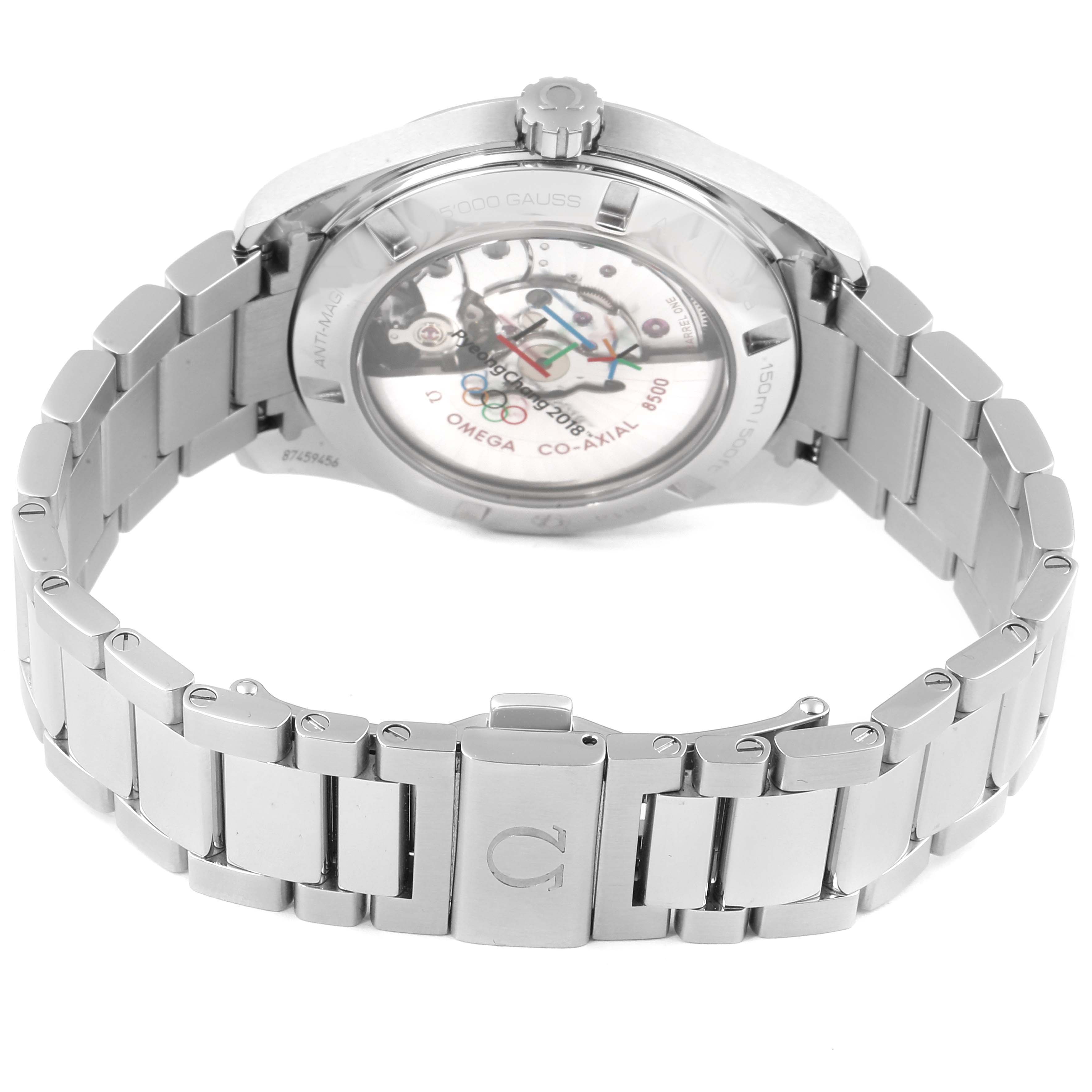 The image shows the back and bracelet of an Omega Aqua Terra 522.10.42.21.03.001 Men's Stainless Steel Blue Dial 522.10.42.21.03.001 Men's Stainless Steel Blue Dial watch, highlighting its stainless steel case and deployment clasp.