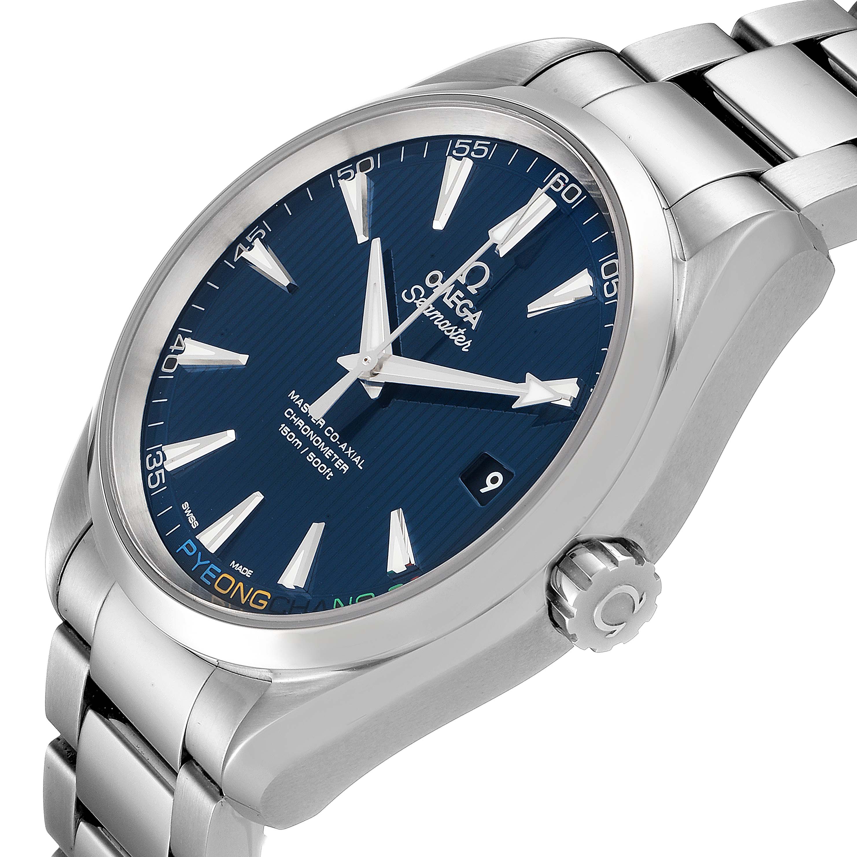 The image shows an Omega Aqua Terra 522.10.42.21.03.001 Men's Stainless Steel Blue Dial 522.10.42.21.03.001 Men's Stainless Steel Blue Dial watch at an angled close-up, highlighting the blue dial, crown, and metal bracelet.