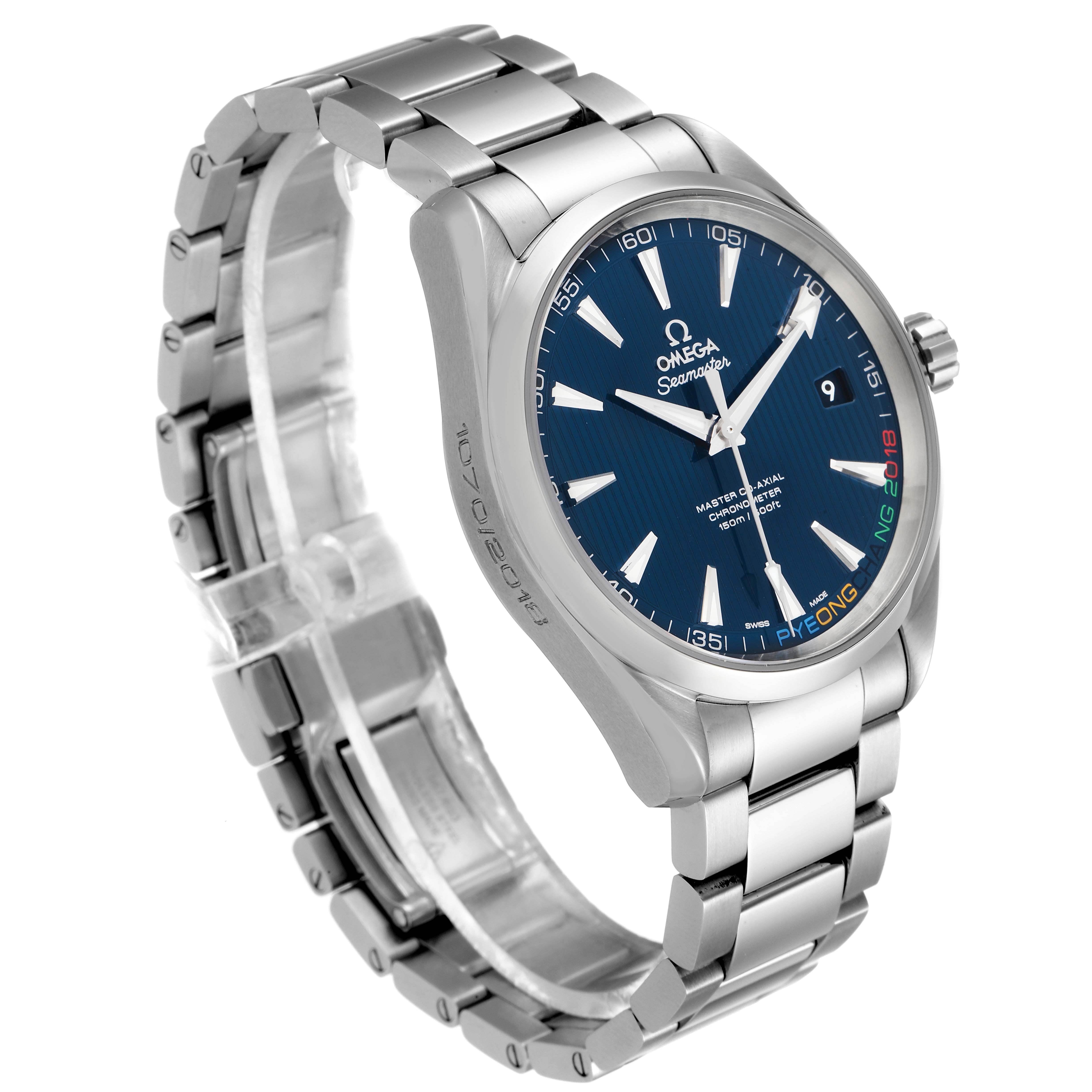 This image shows the Omega Aqua Terra 522.10.42.21.03.001 Men's Stainless Steel Blue Dial 522.10.42.21.03.001 Men's Stainless Steel Blue Dial watch at an angle, highlighting the face, bezel, crown, and stainless steel bracelet.