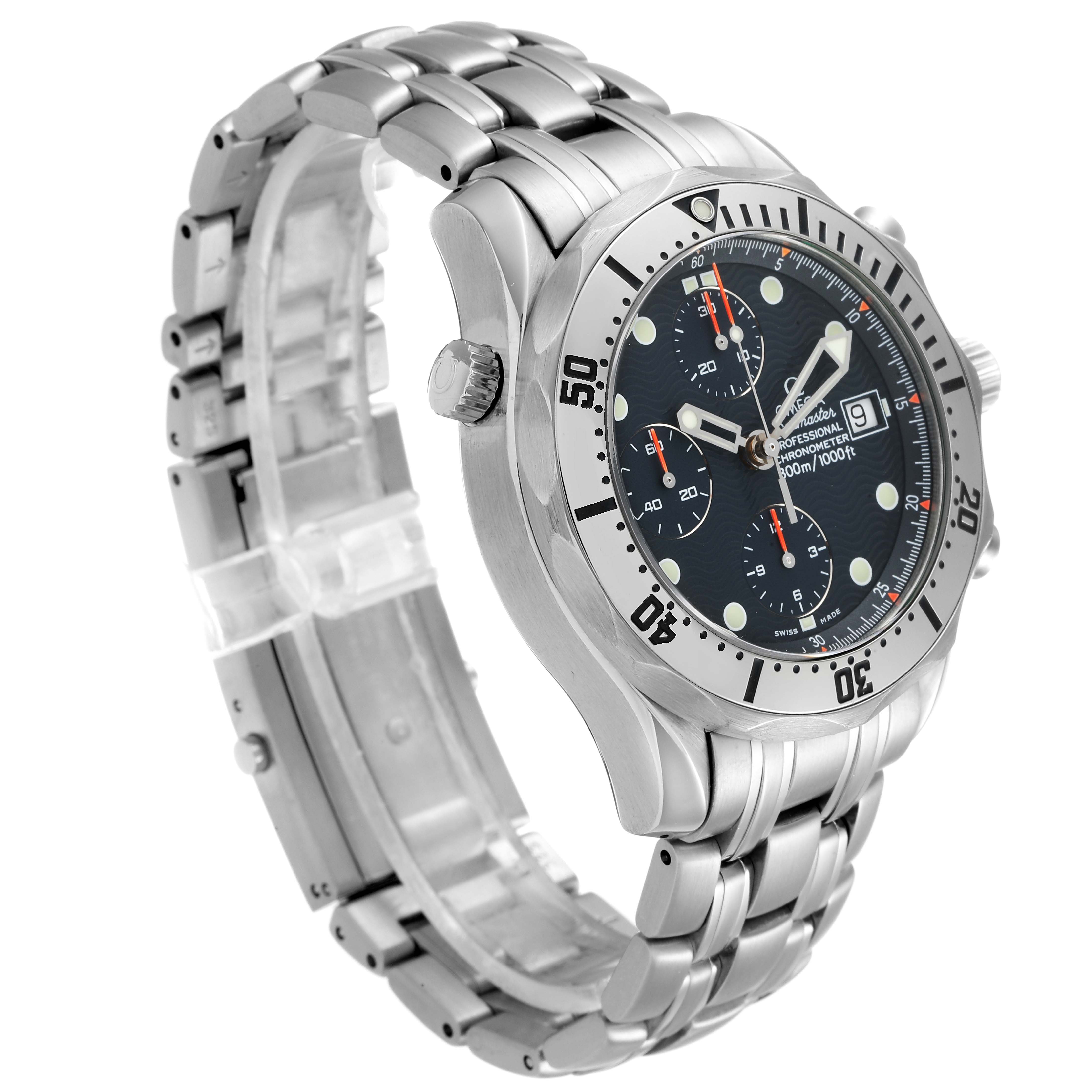 The Omega Seamaster 2598.80.00 Men
s Stainless Steel Blue Dial 2598.80.00 Men
s Stainless Steel Blue Dial watch is shown at a front-side angle, highlighting its face, bezel, crown, and stainless steel bracelet.