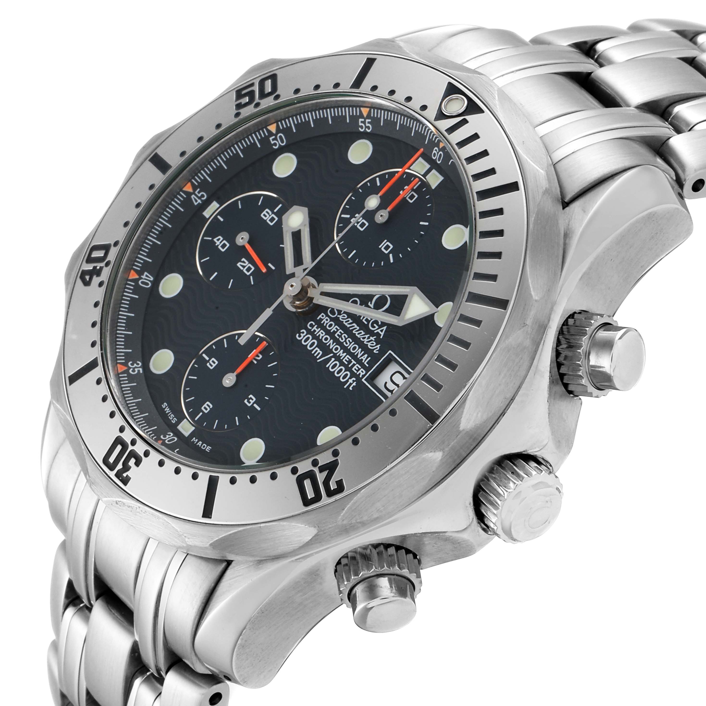 The image shows the Omega Seamaster 2598.80.00 Men
s Stainless Steel Blue Dial 2598.80.00 Men
s Stainless Steel Blue Dial watch at a three-quarter angle, highlighting its bezel, dial, crown, and metal bracelet.