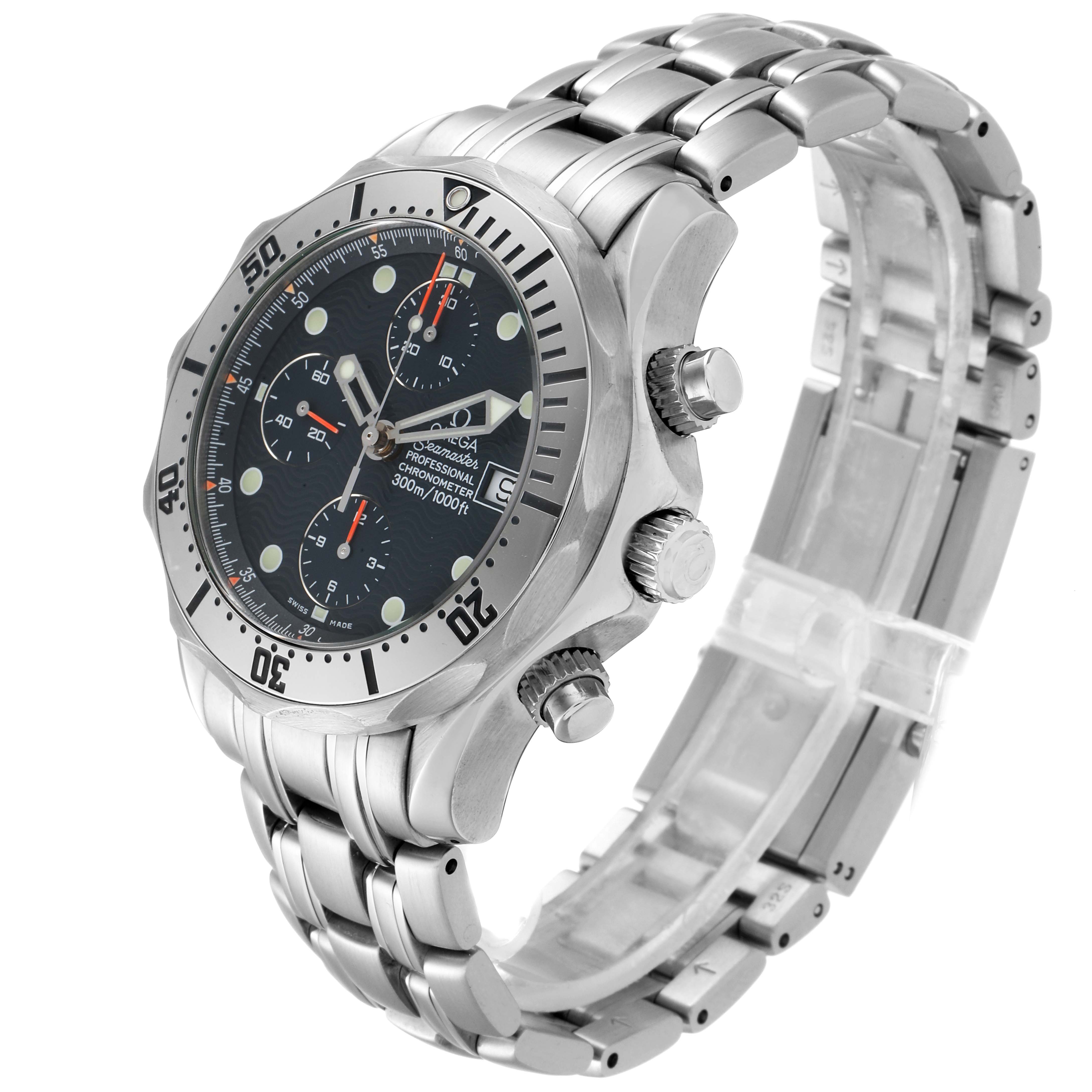 The image shows an Omega Seamaster 2598.80.00 Men
s Stainless Steel Blue Dial 2598.80.00 Men
s Stainless Steel Blue Dial watch from an angled side view, highlighting its face, bezel, case, and bracelet.