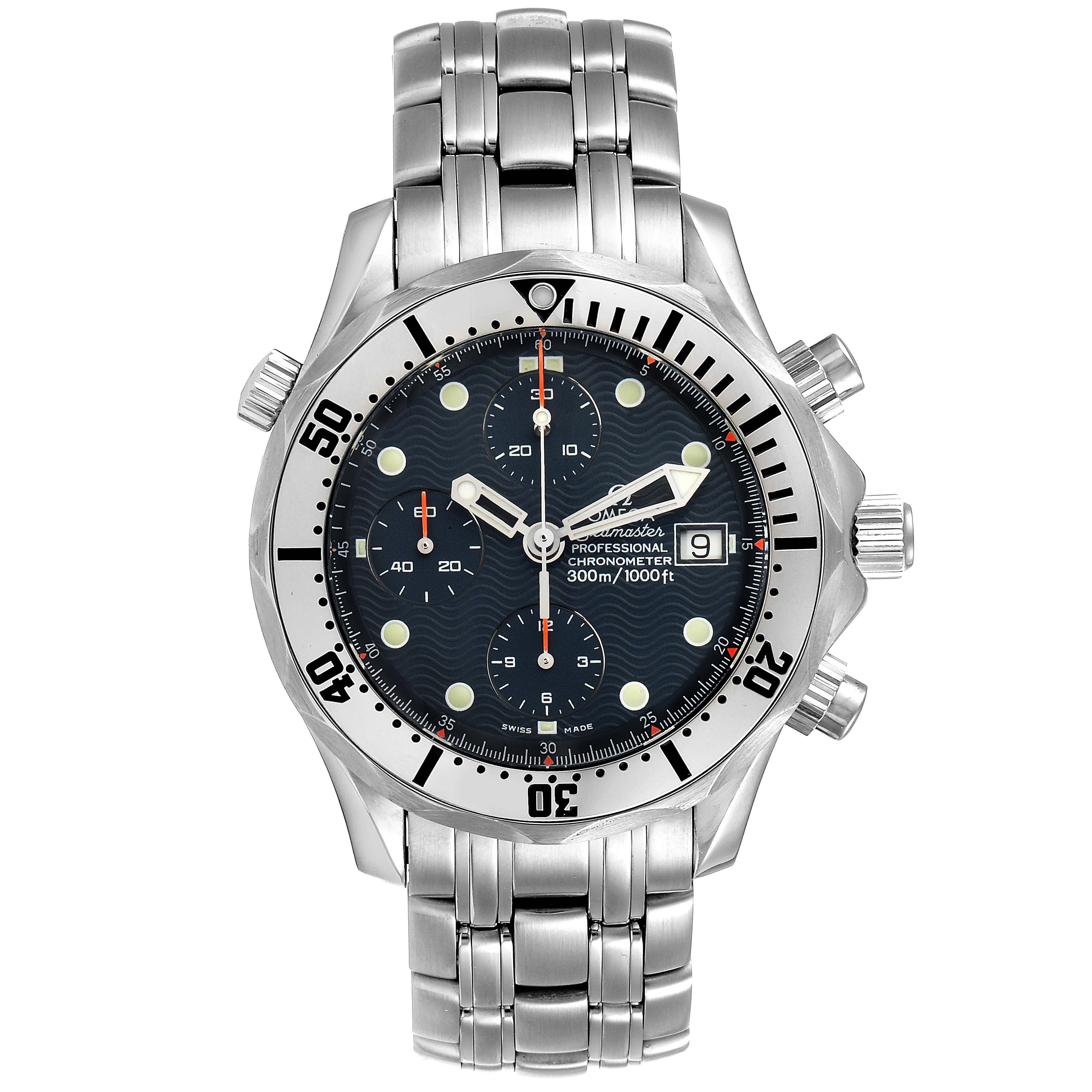 The image shows a full frontal view of the Omega Seamaster 2598.80.00 Men
s Stainless Steel Blue Dial 2598.80.00 Men
s Stainless Steel Blue Dial watch, highlighting its face, bezel, crown, chronograph buttons, and metal bracelet.