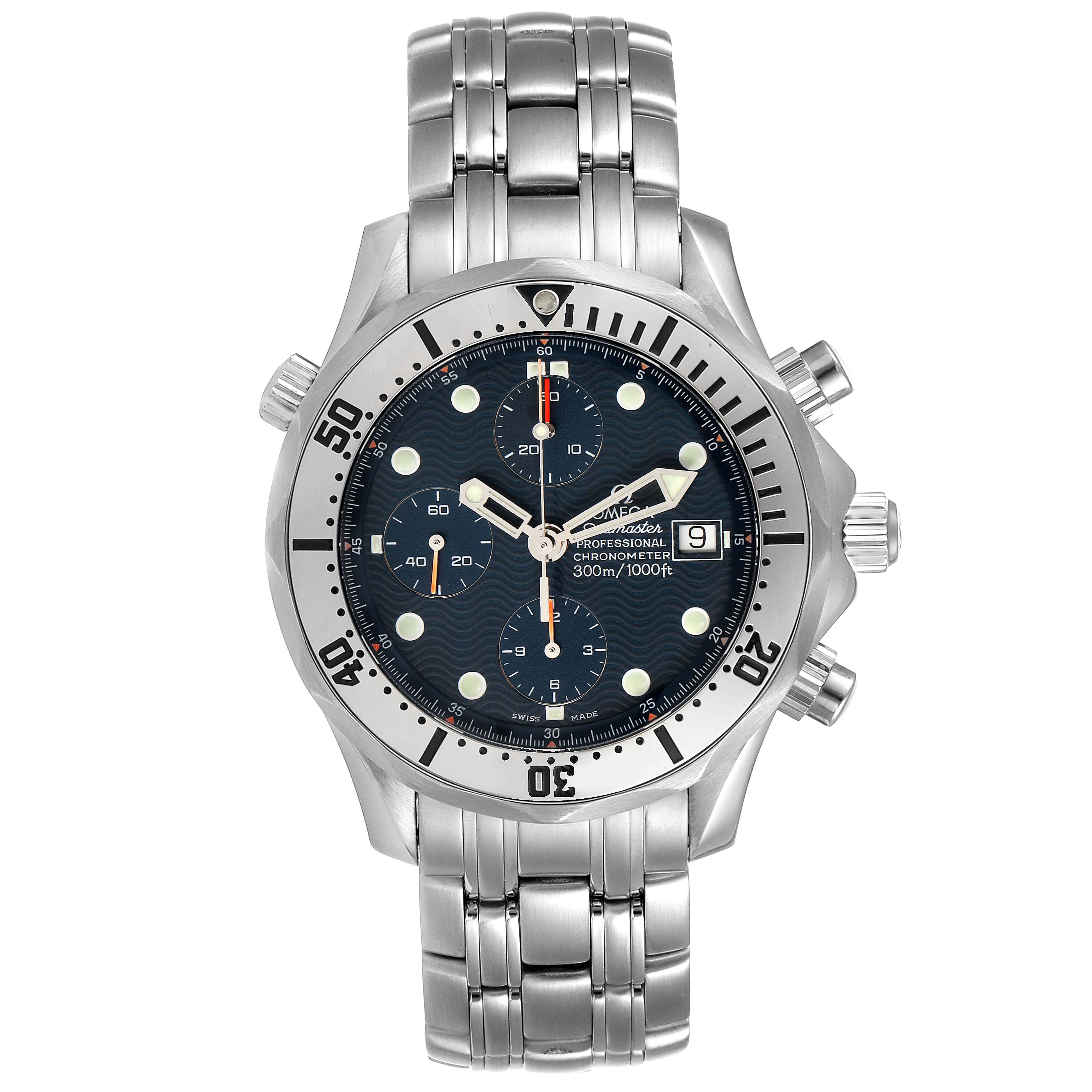 The image shows a front view of an Omega Seamaster 2598.80.00 Men
s Stainless Steel Blue Dial 2598.80.00 Men
s Stainless Steel Blue Dial watch, highlighting its face, bezel, and bracelet.