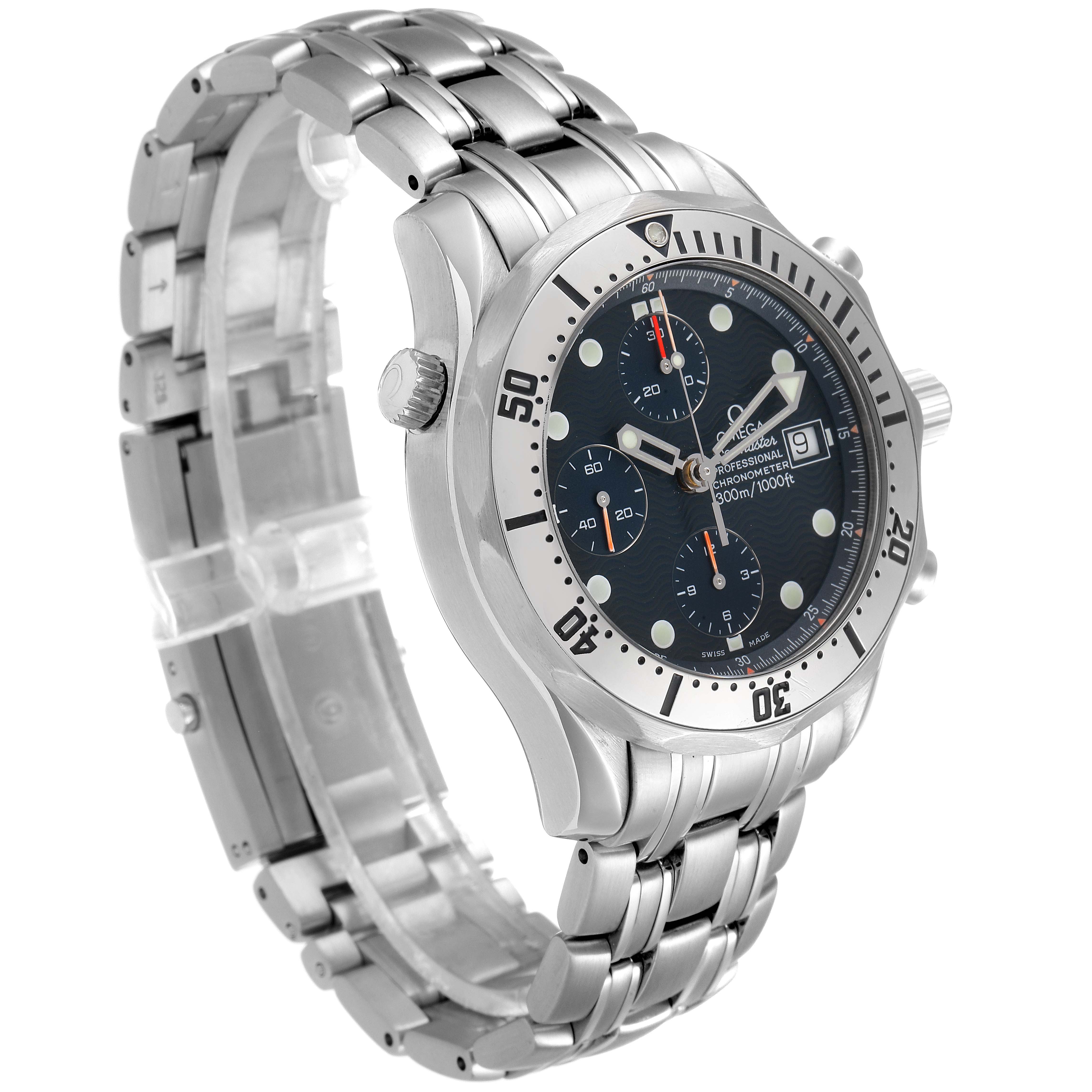 The image shows an angled view of the Omega Seamaster 2598.80.00 Men
s Stainless Steel Blue Dial 2598.80.00 Men
s Stainless Steel Blue Dial wristwatch, highlighting the bezel, dial, subdials, and stainless steel bracelet.