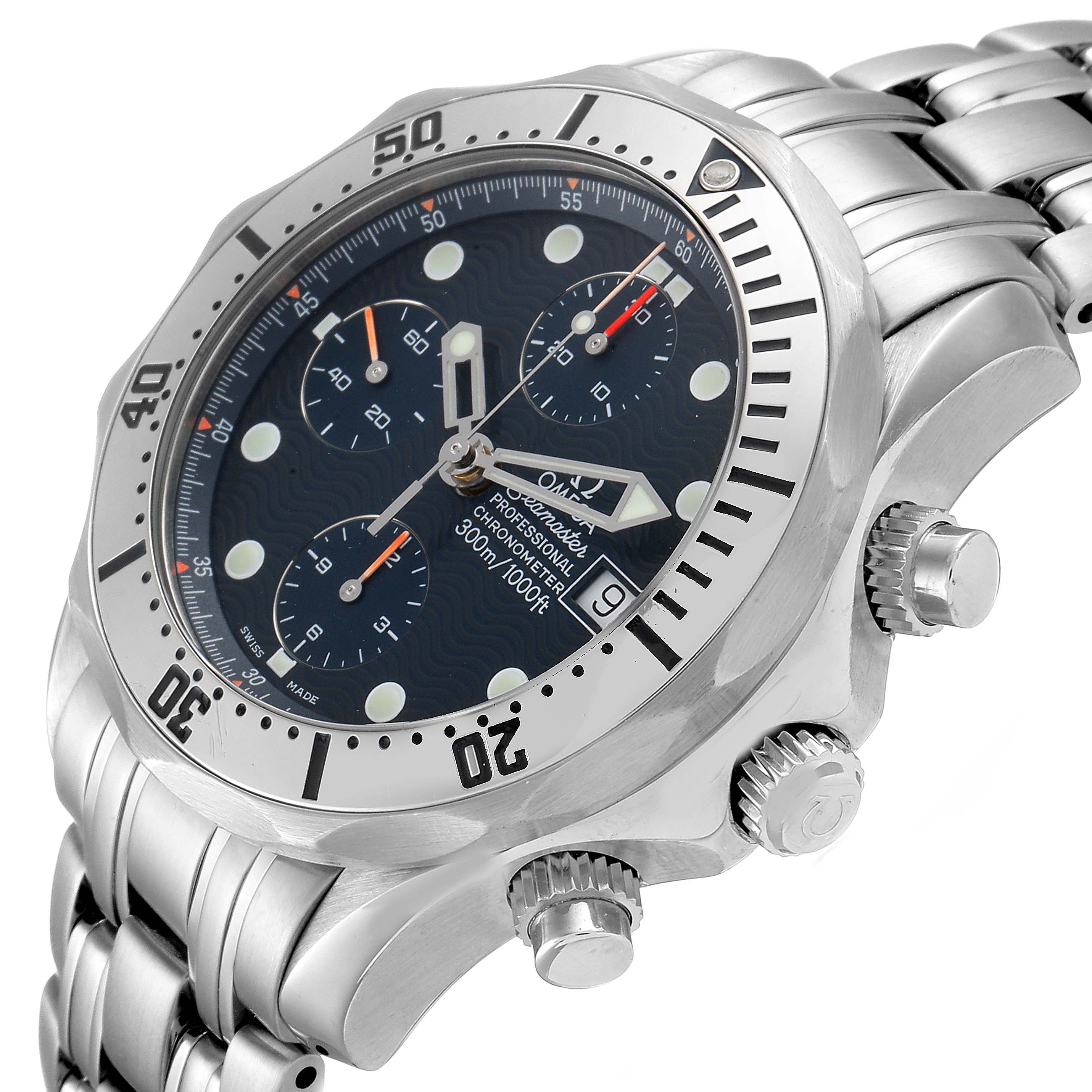 This image shows a side angle of the Omega Seamaster 2598.80.00 Men
s Stainless Steel Blue Dial 2598.80.00 Men
s Stainless Steel Blue Dial, highlighting the bezel, dials, and stainless steel bracelet.