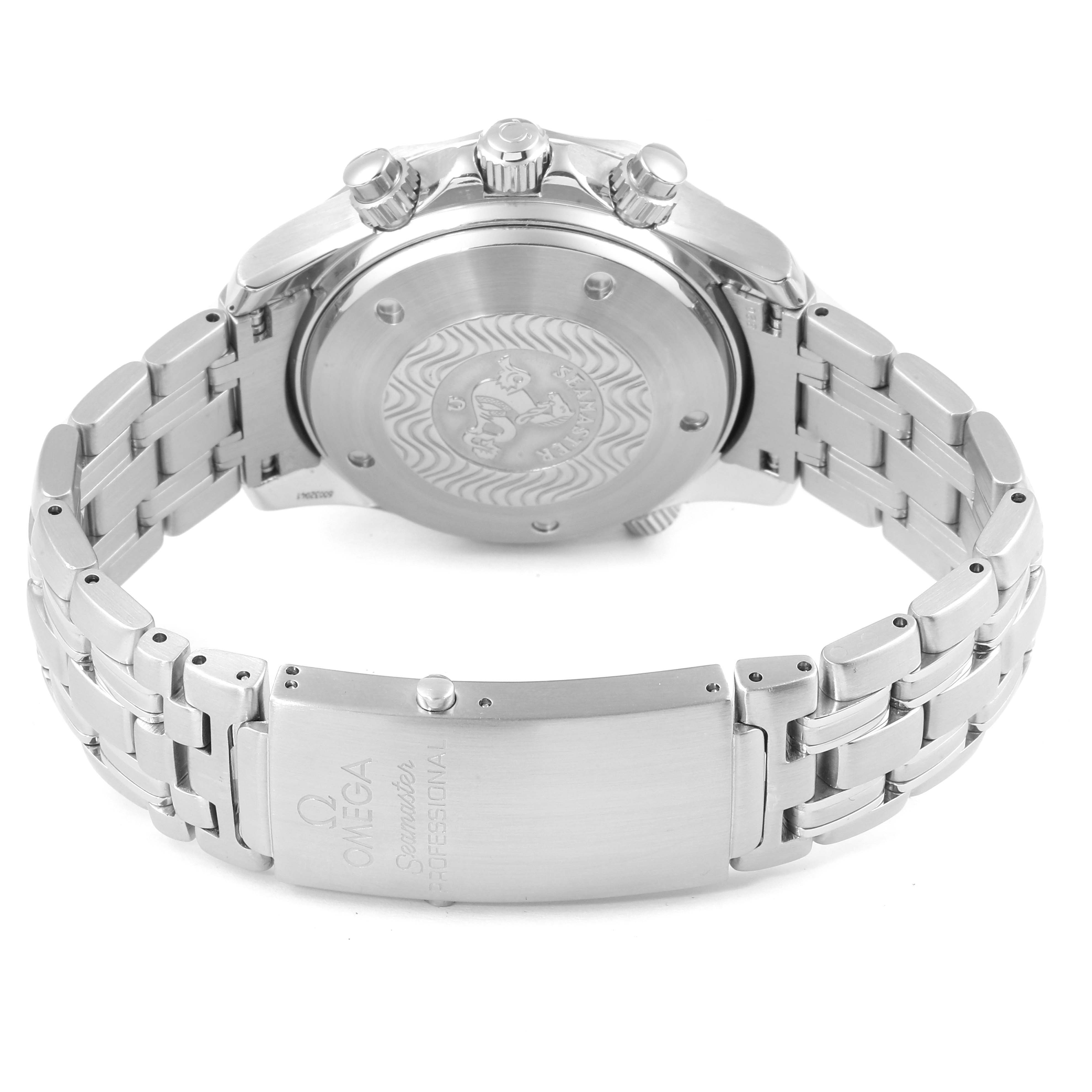 The image shows the back case and bracelet of an Omega Seamaster 2598.80.00 Men
s Stainless Steel Blue Dial 2598.80.00 Men
s Stainless Steel Blue Dial watch from a rear angle.