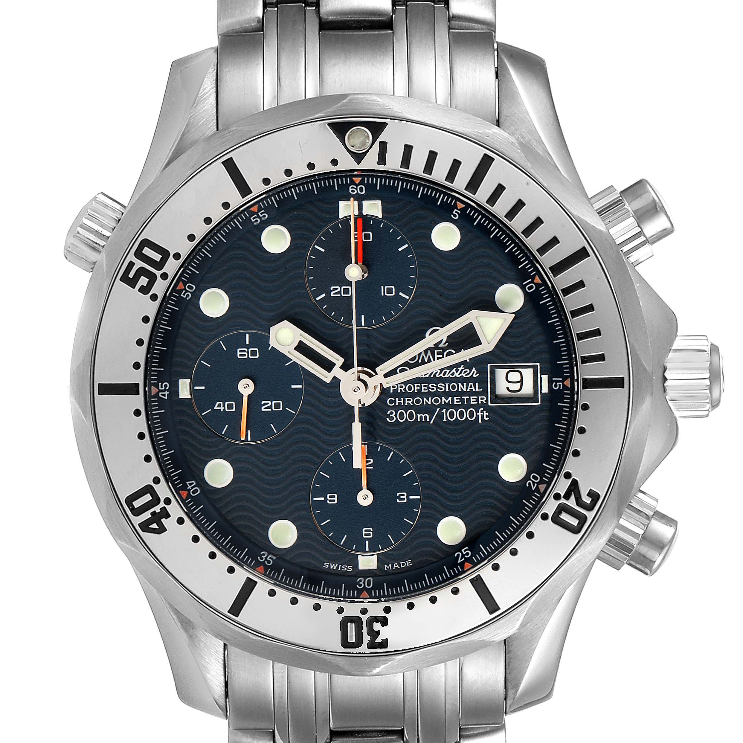 The image shows a front view of an Omega Seamaster 2598.80.00 Men
s Stainless Steel Blue Dial 2598.80.00 Men
s Stainless Steel Blue Dial watch, highlighting the dial, bezel, and part of the stainless steel bracelet.