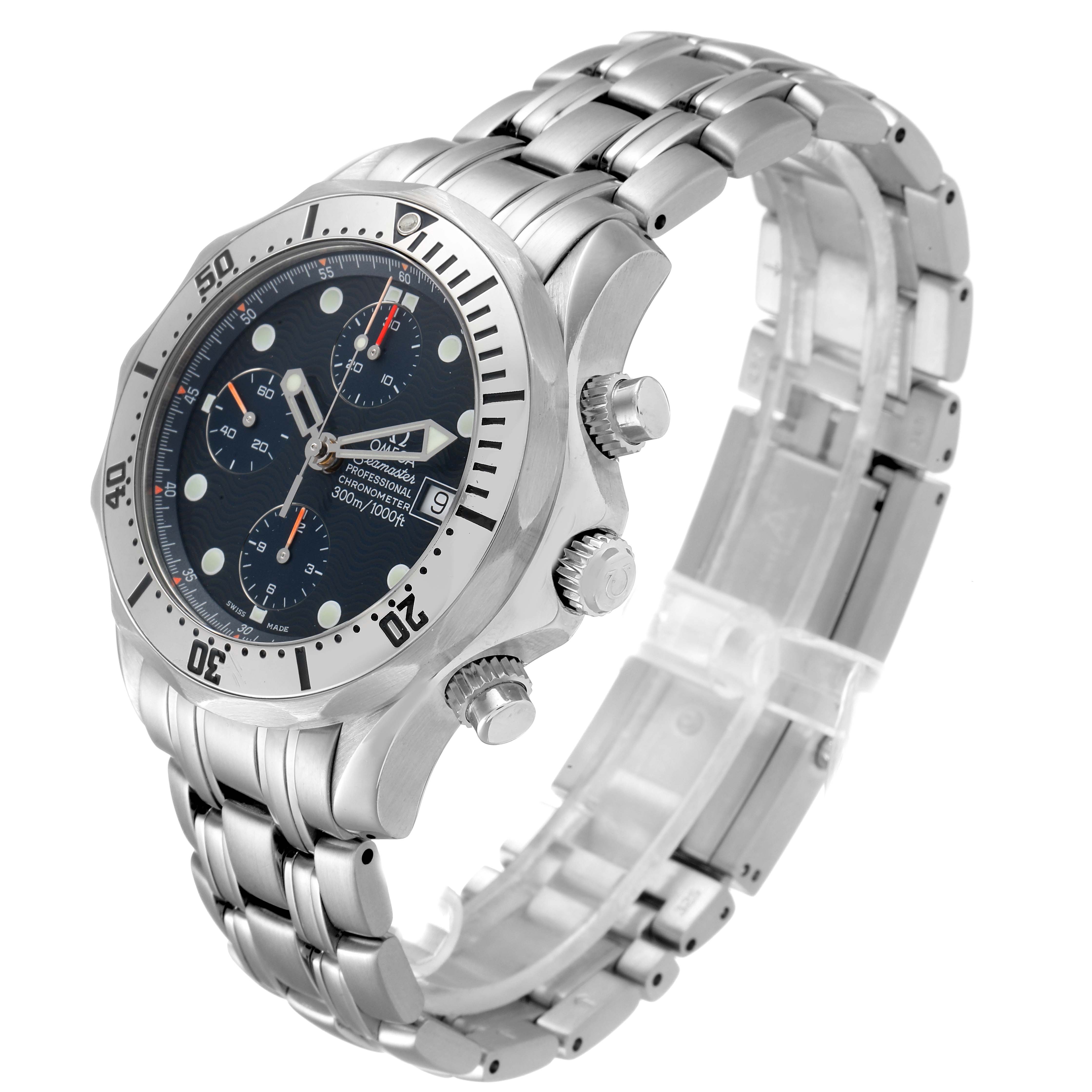 The image shows an angled view of the Omega Seamaster 2598.80.00 Men
s Stainless Steel Blue Dial 2598.80.00 Men
s Stainless Steel Blue Dial watch highlighting the face, bezel, crown, pushers, and metal bracelet.