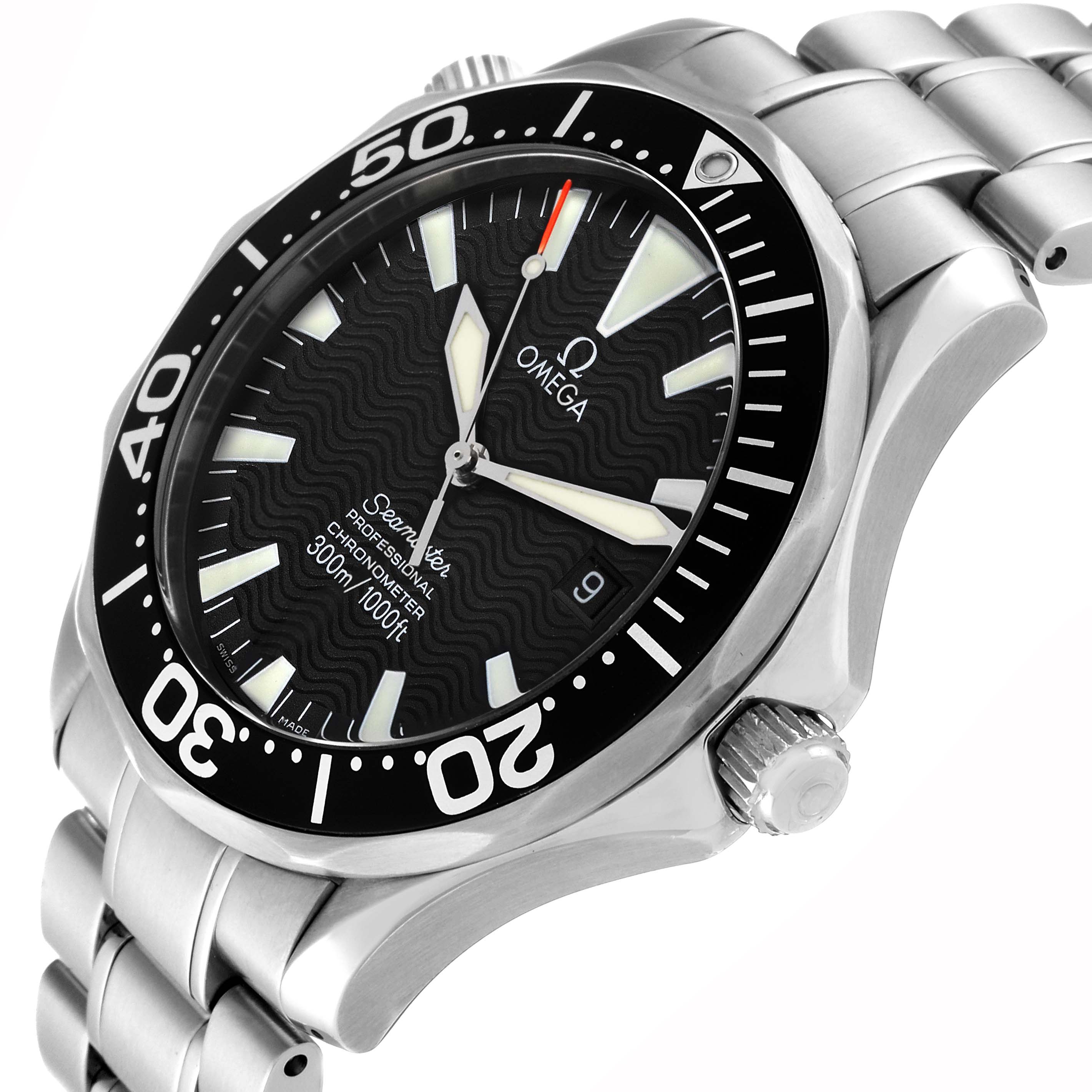 This image shows a close-up of the Omega Seamaster 2254.50.00 Men
s Stainless Steel Black Dial 2254.50.00 Men
s Stainless Steel Black Dial watch, highlighting the dial, bezel, and part of the bracelet.