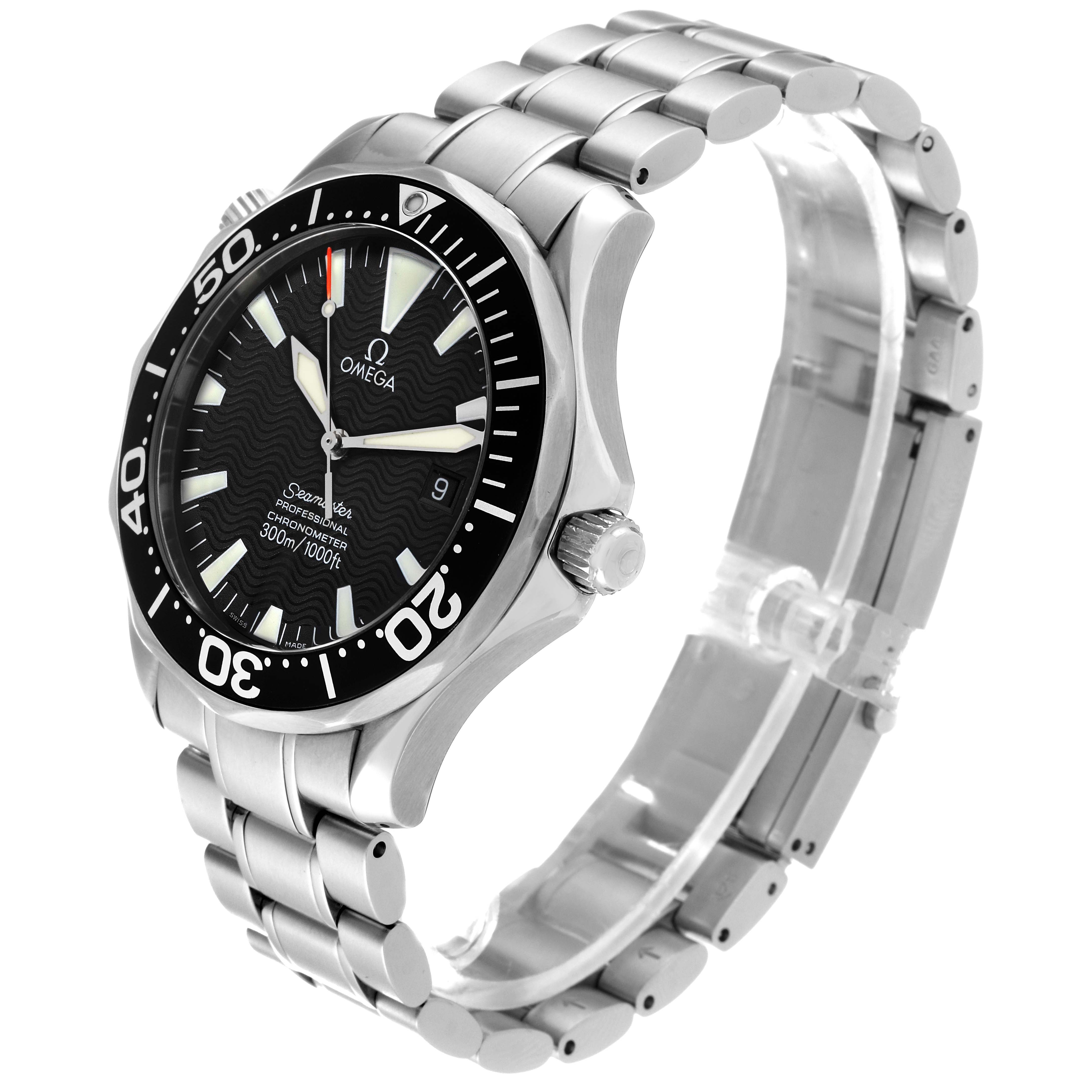 The image shows an Omega Seamaster 2254.50.00 Men
s Stainless Steel Black Dial 2254.50.00 Men
s Stainless Steel Black Dial watch at a slight side angle, displaying its face, bezel, crown, and metal bracelet.