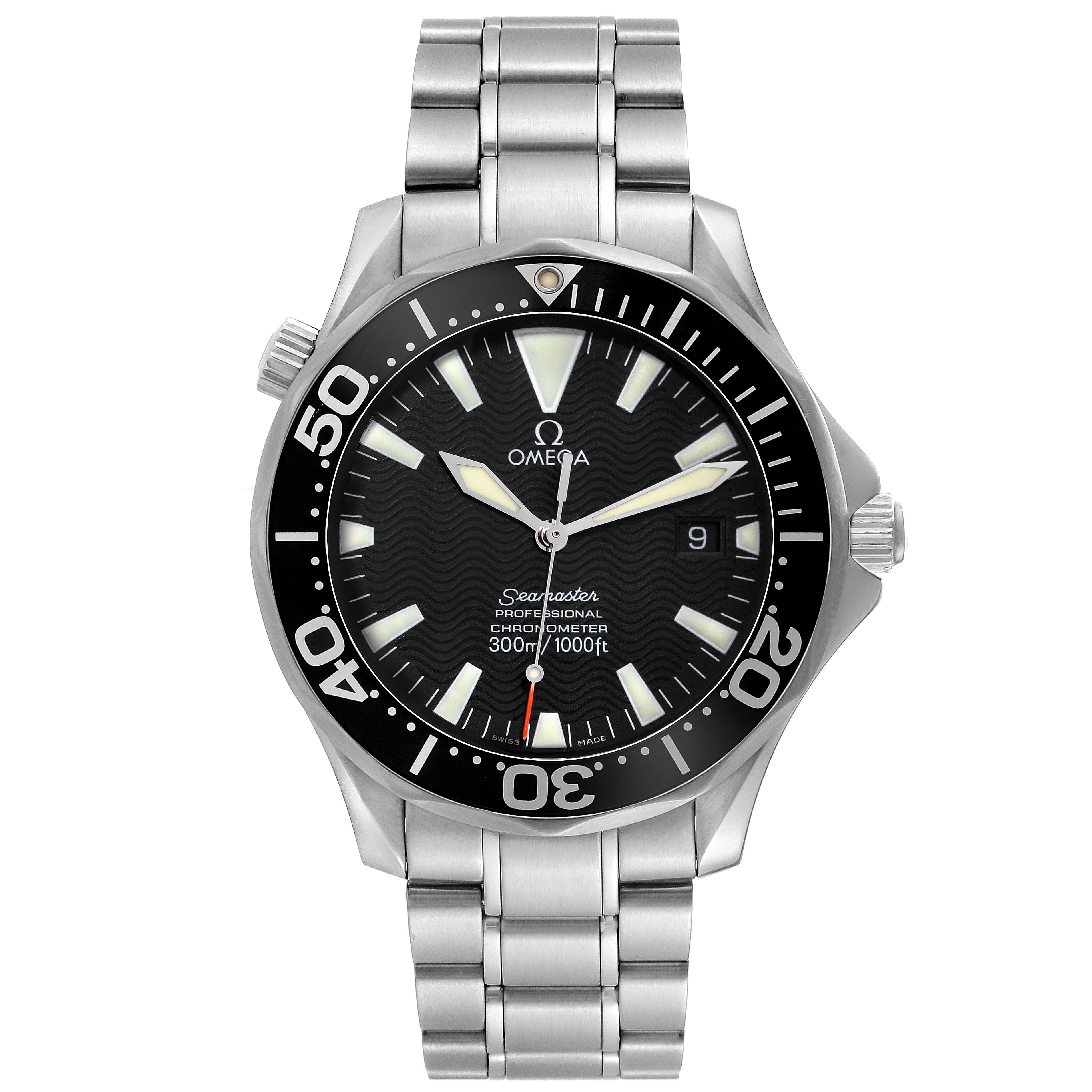 The Omega Seamaster 2254.50.00 Men
s Stainless Steel Black Dial 2254.50.00 Men
s Stainless Steel Black Dial watch is shown from the front, displaying the face, bezel, crown, and metal bracelet.